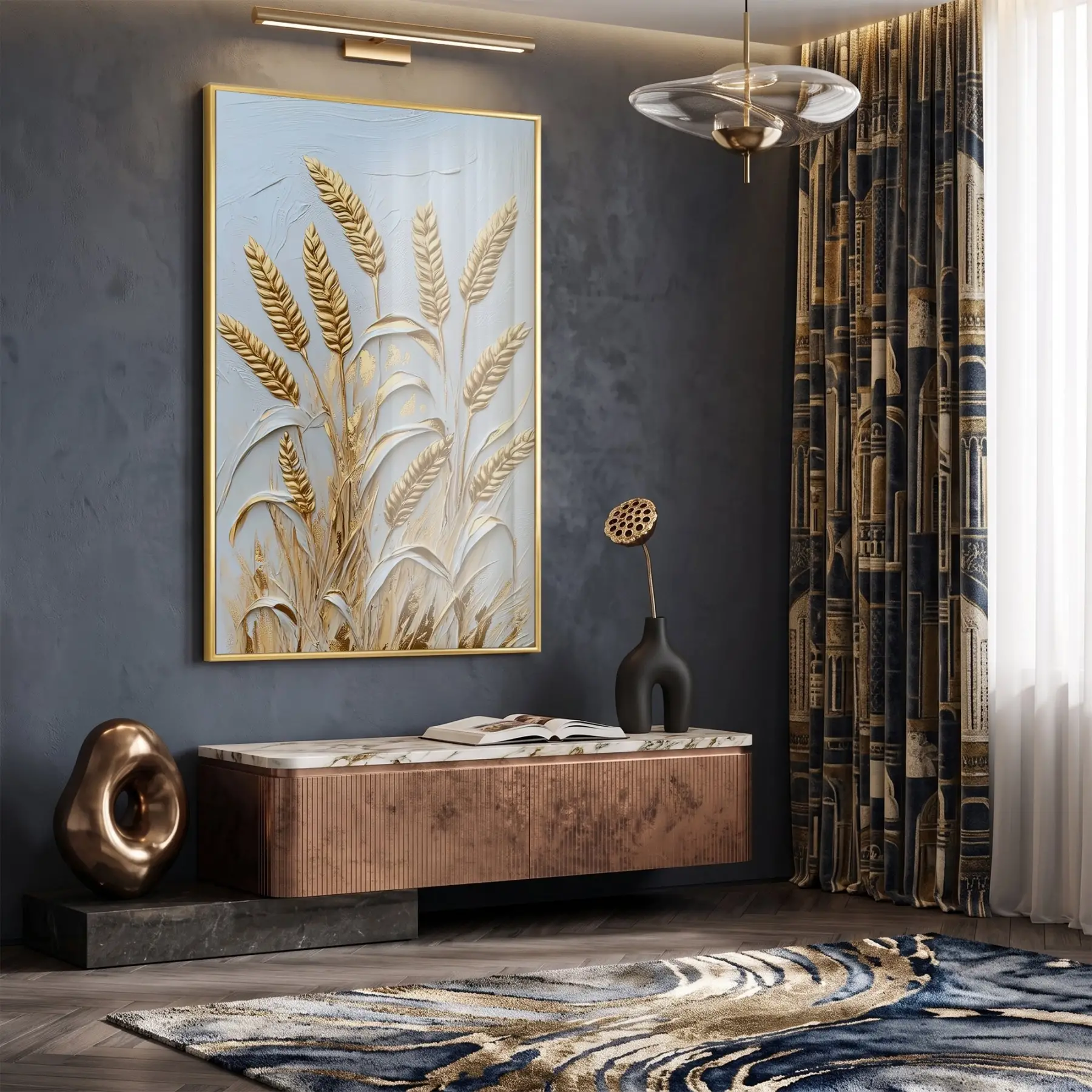 Buğday Başakları Altın Gri Tonları Tekli Gold Metal Çerçeveli Cam Tablo Poster Dekoratif