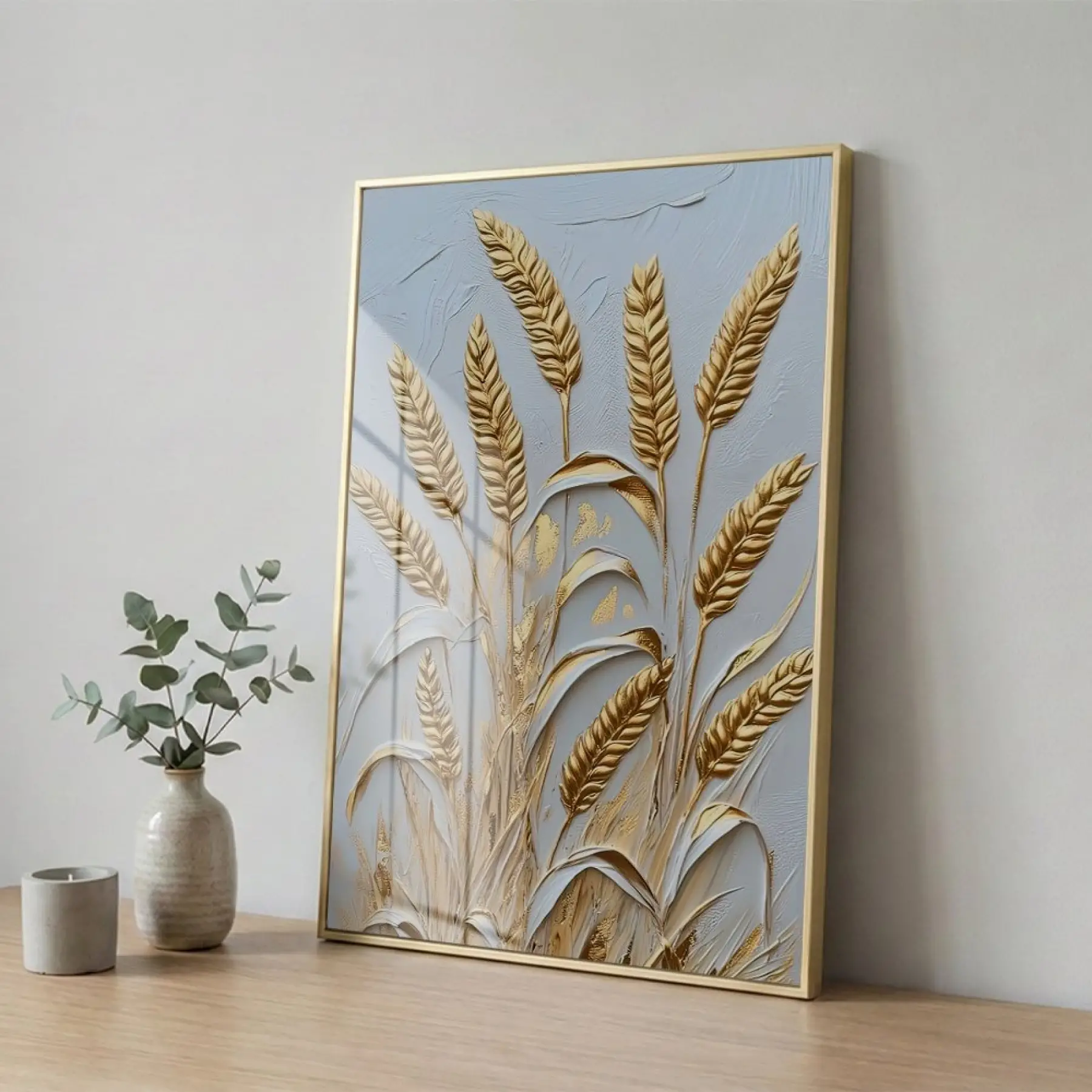 Buğday Başakları Altın Gri Tonları Tekli Gold Metal Çerçeveli Cam Tablo Poster Dekoratif