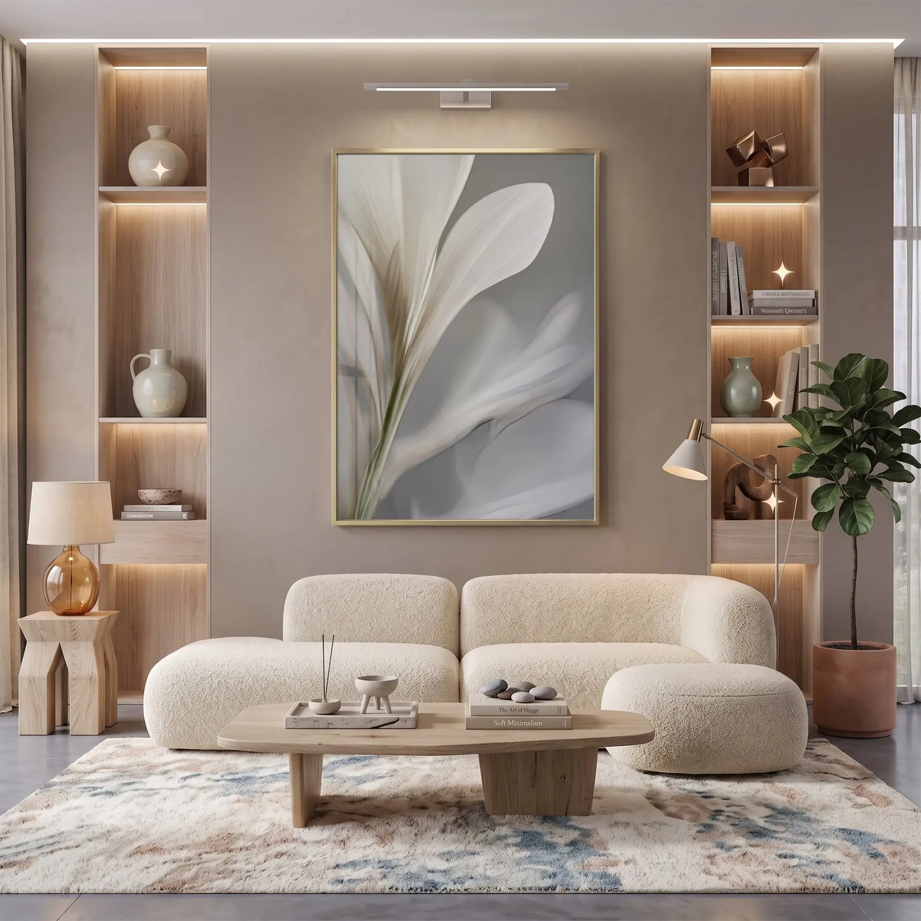 Narin Çiçek Nötr Gri Tonlar Tekli Gold Metal Çerçeveli Cam Tablo Duvar Salon