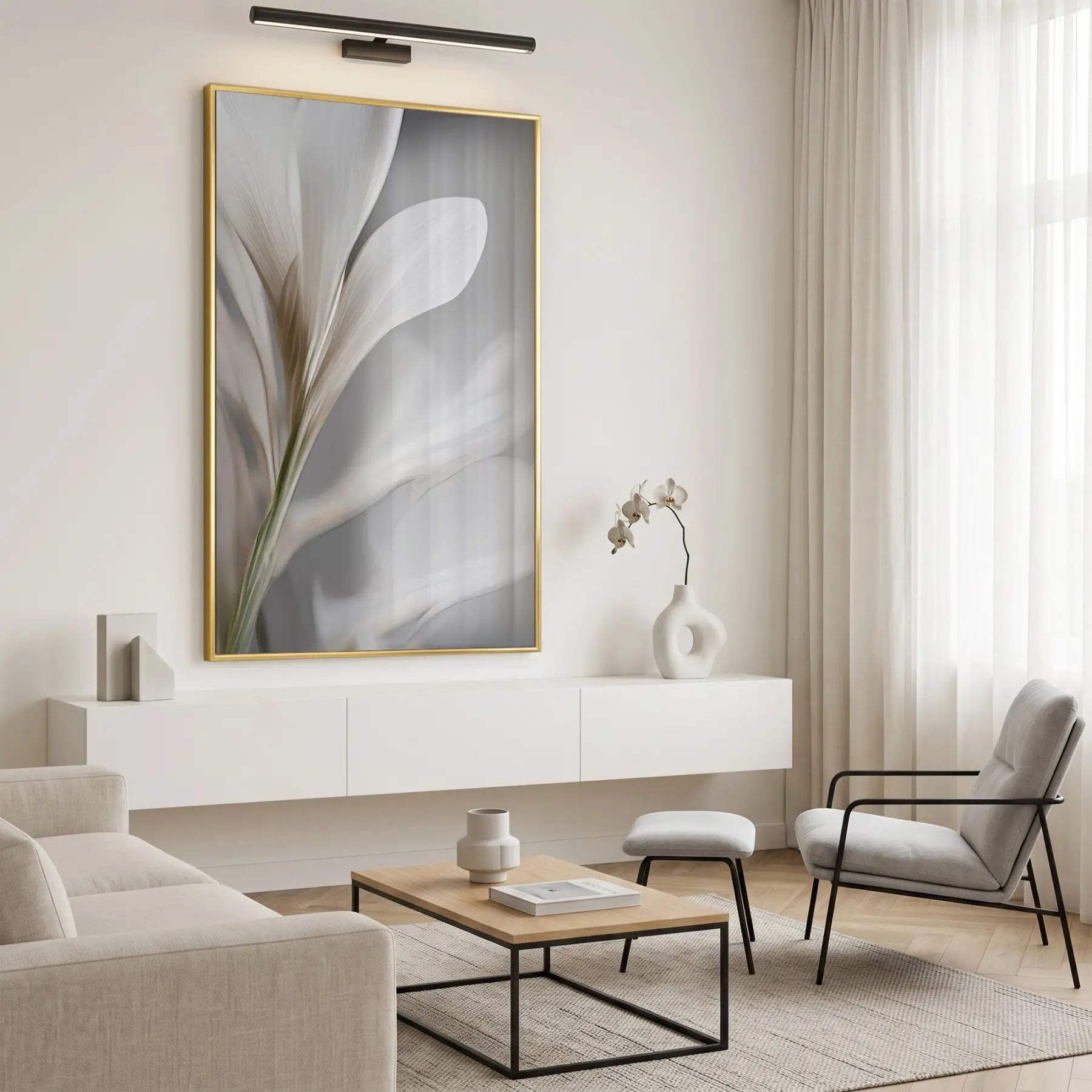 Narin Çiçek Nötr Gri Tonlar Tekli Gold Metal Çerçeveli Cam Tablo Duvar Salon