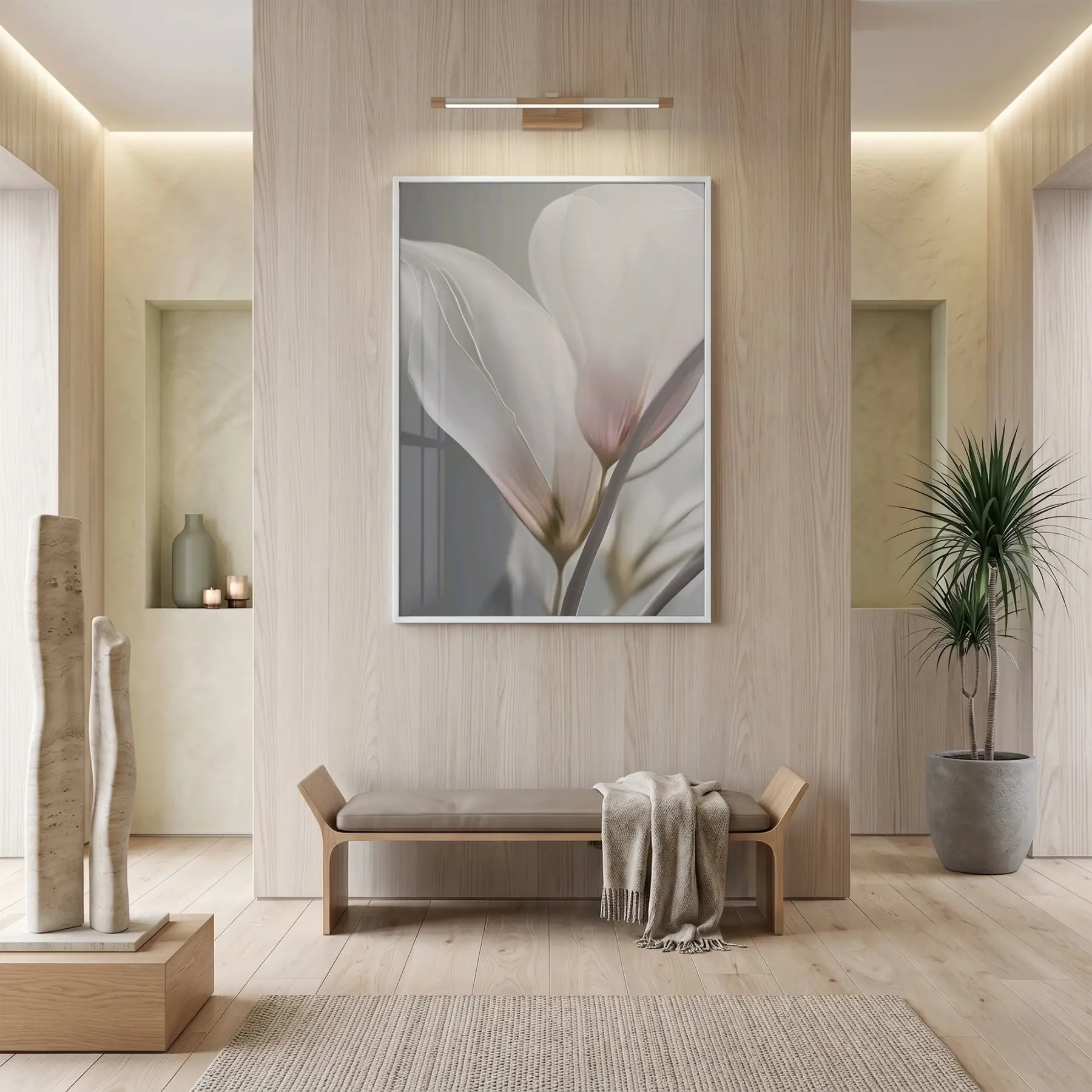 Narin Çiçek Pastel Gri Tonları Tekli Beyaz Metal Çerçeveli Cam Tablo Poster Dekoratif