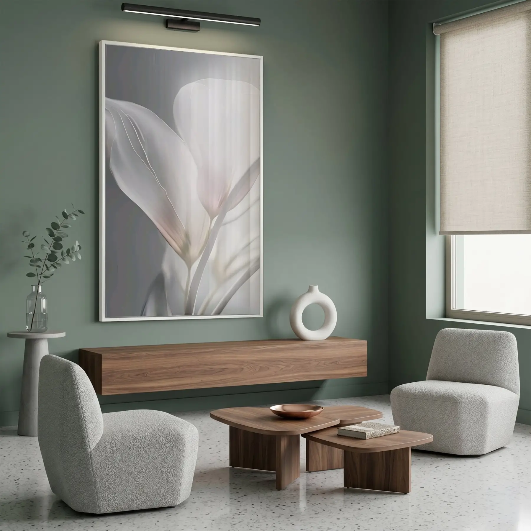 Narin Çiçek Pastel Gri Tonları Tekli Beyaz Metal Çerçeveli Cam Tablo Poster Dekoratif