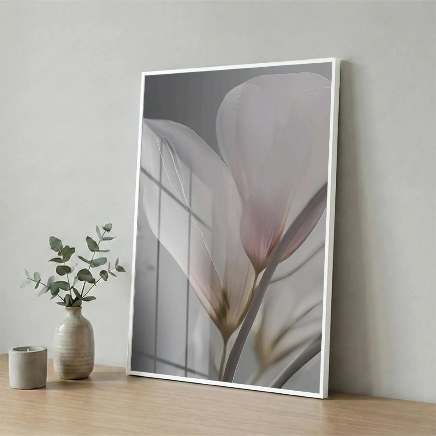 Narin Çiçek Pastel Gri Tonları Tekli Beyaz Metal Çerçeveli Cam Tablo Poster Dekoratif