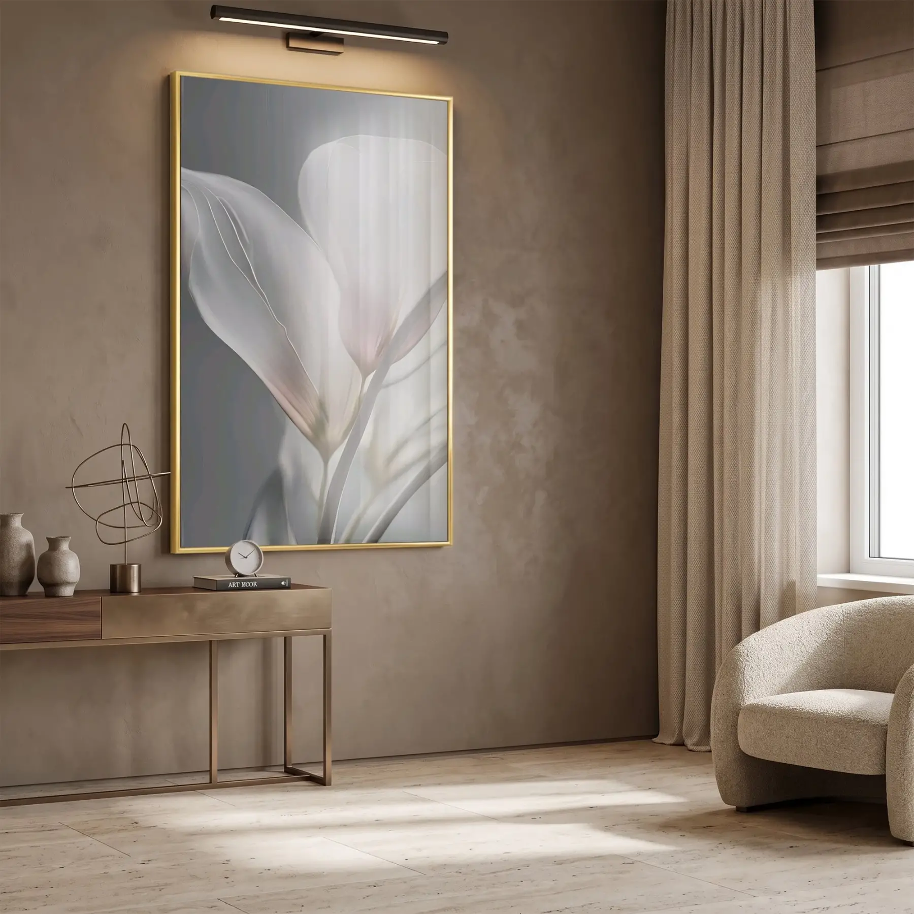 Narin Çiçek Pastel Gri Tonları Tekli Gold Metal Çerçeveli Cam Tablo Salon Oturma