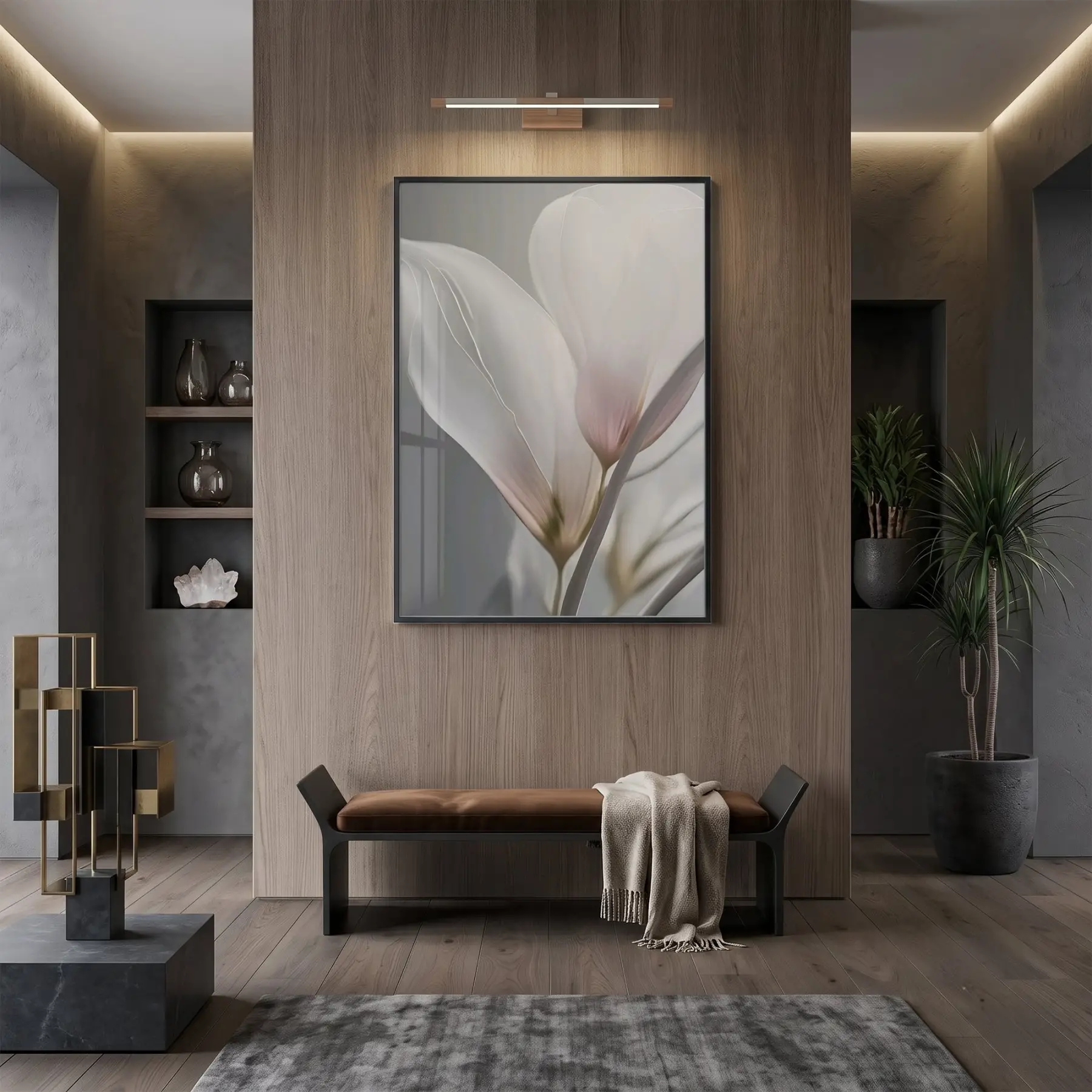 Narin Çiçek Pastel Gri Tonları Tekli Siyah Metal Çerçeveli Cam Tablo Poster Dekoratif
