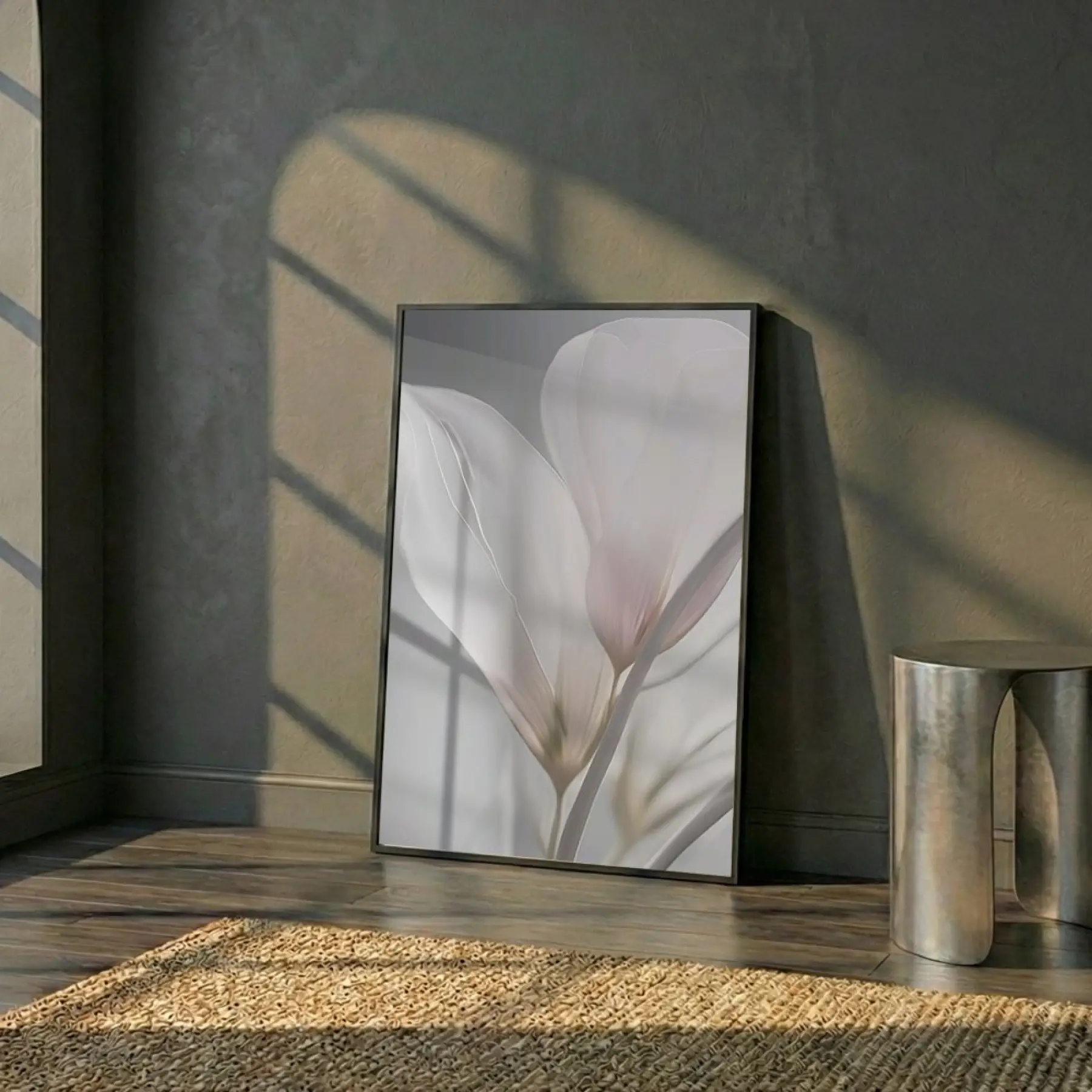 Narin Çiçek Pastel Gri Tonları Tekli Siyah Metal Çerçeveli Cam Tablo Poster Dekoratif