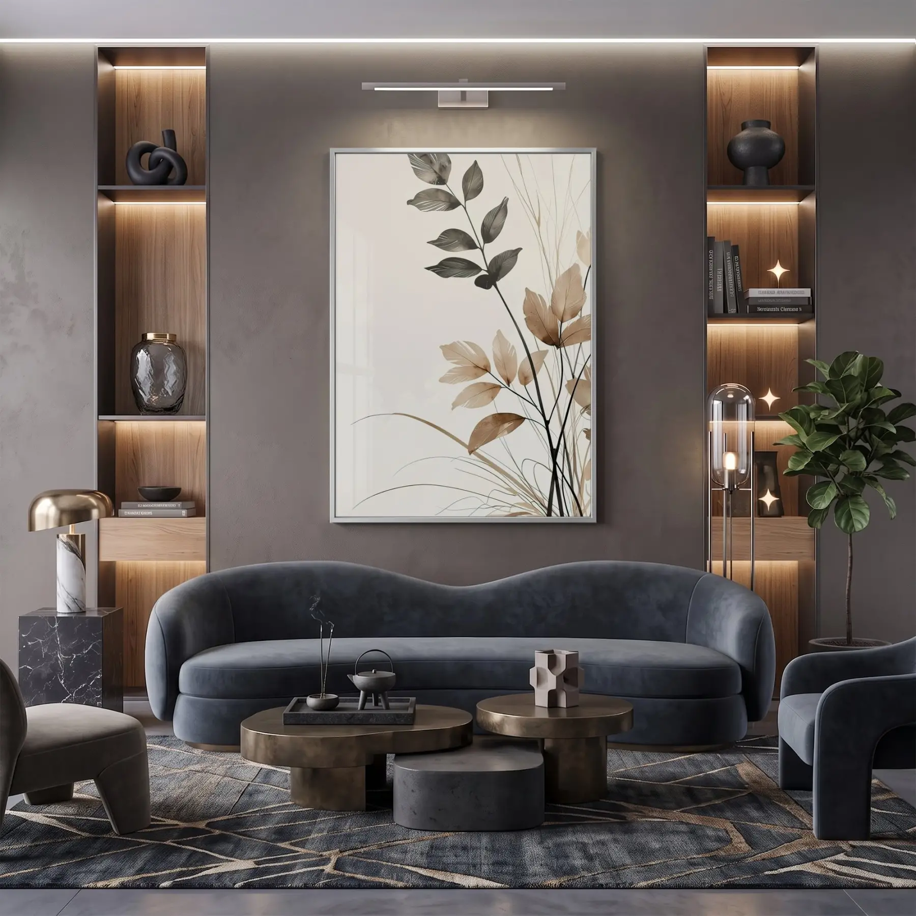 Botanik Yapraklar Toprak Tonları Tekli Gümüş Metal Çerçeveli Cam Tablo Duvar Salon Aksesuarları