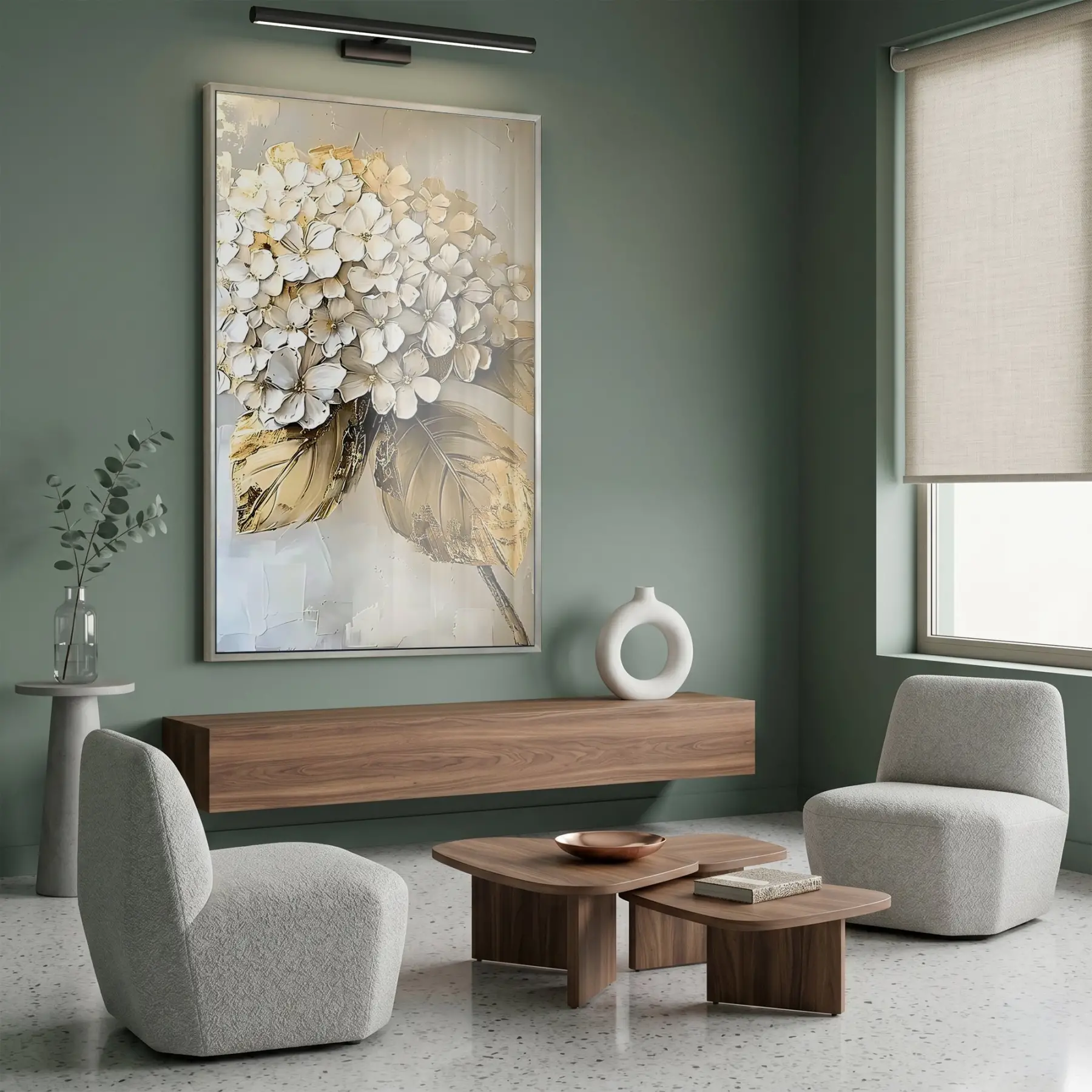 Buket Çiçek Sıcak Krem Ton Tekli Gümüş Metal Çerçeveli Cam Tablo Poster Dekoratif