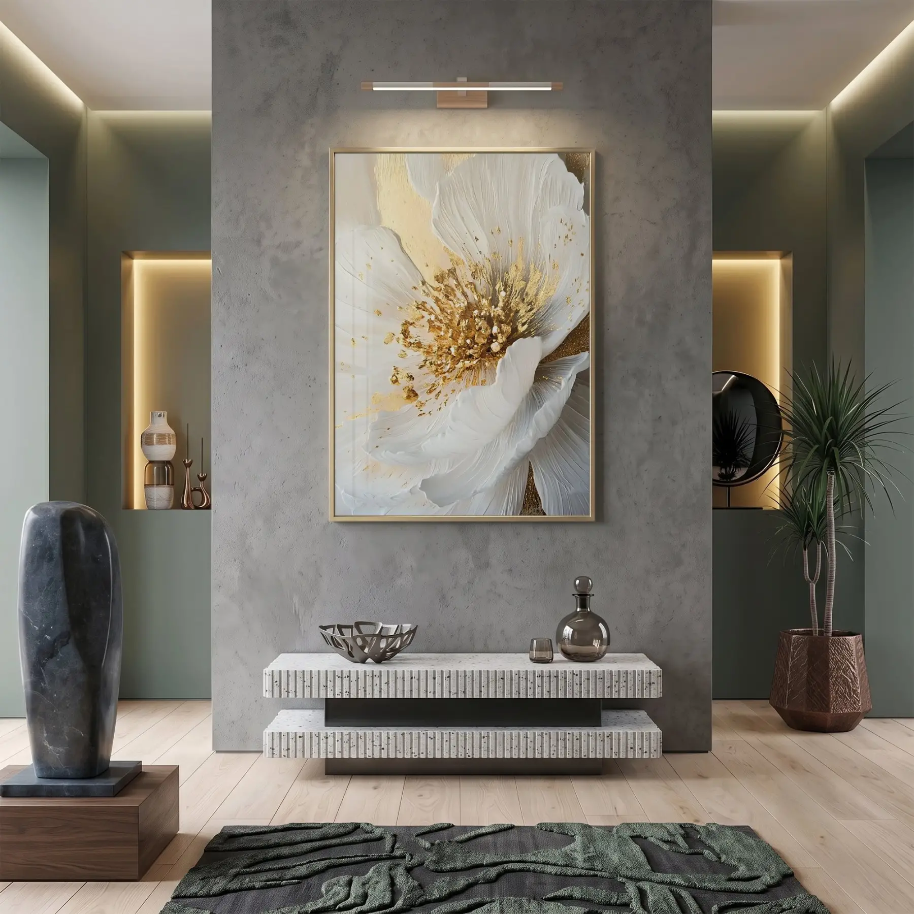 Soyut Çiçek Krem Altın Ton Tekli Gold Metal Çerçeveli Cam Tablo Duvar Salon
