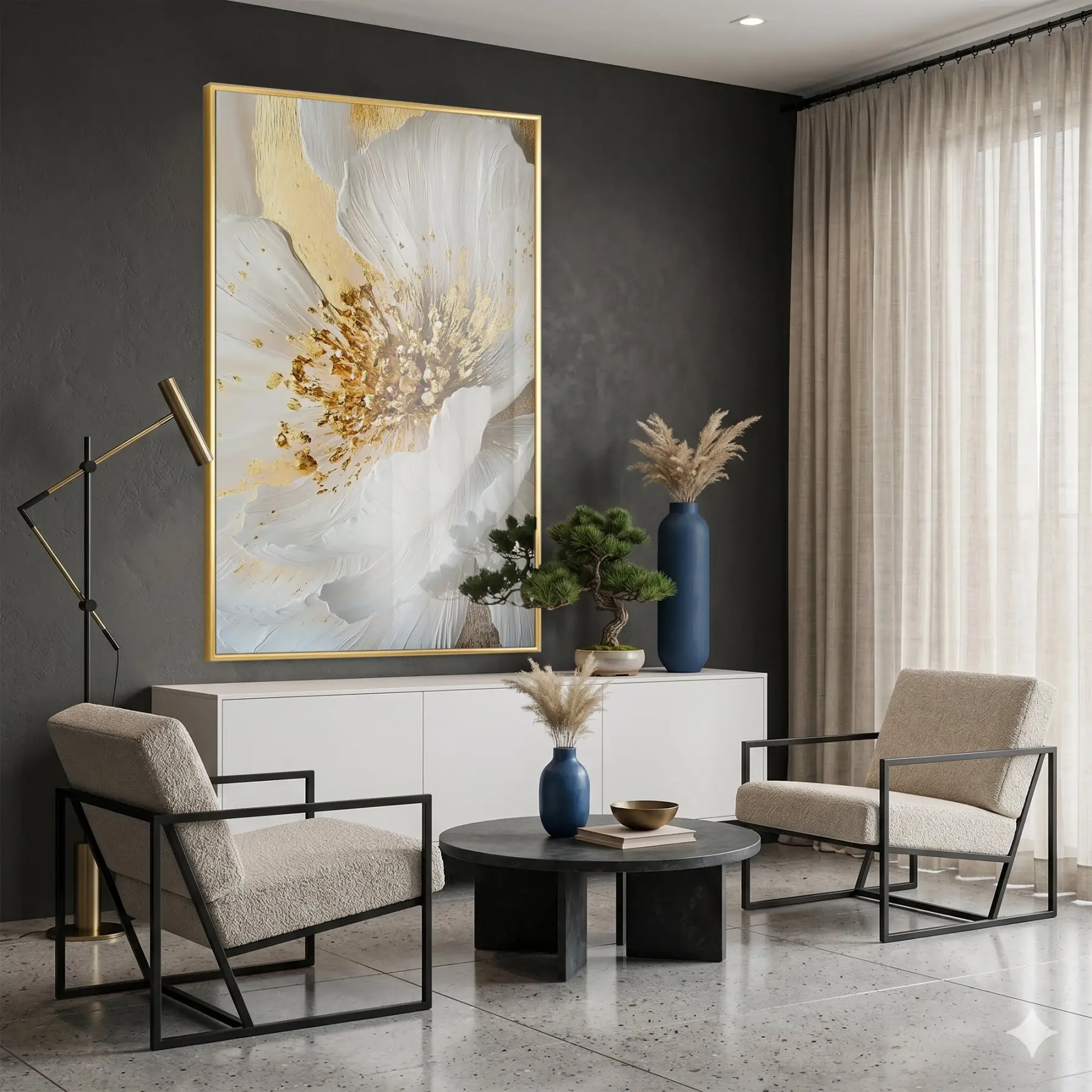 Soyut Çiçek Krem Altın Ton Tekli Gold Metal Çerçeveli Cam Tablo Duvar Salon