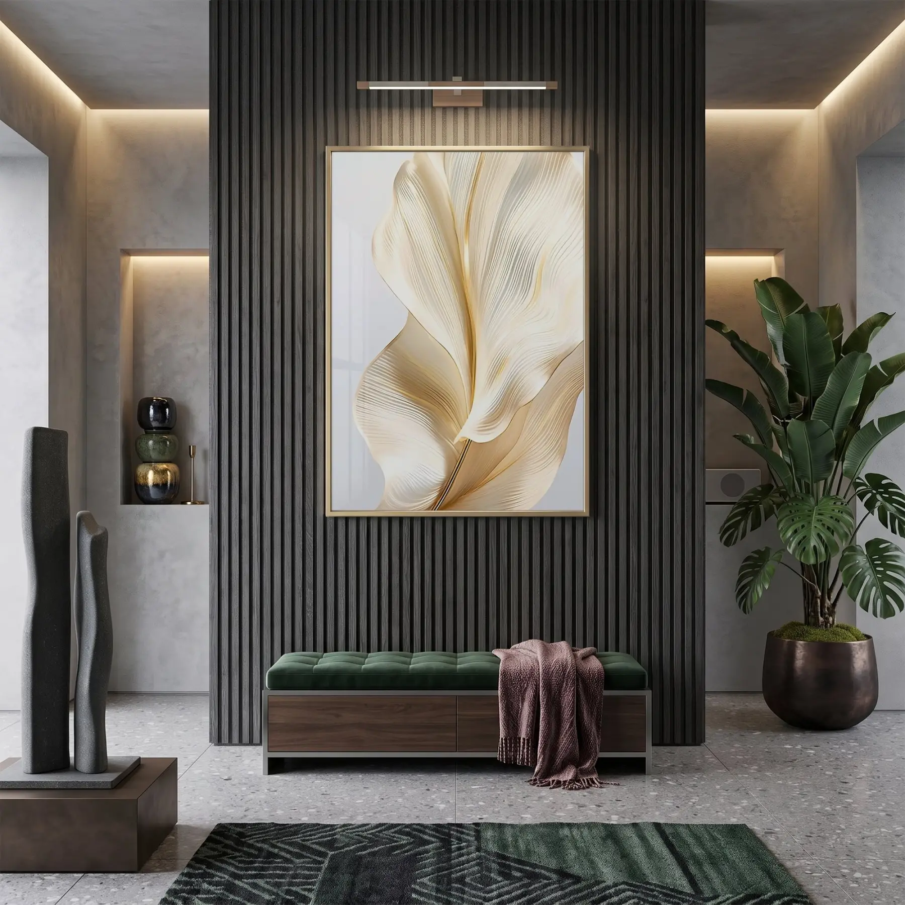 Soyut Yaprak Krem Altın Tonları Tekli Gold Metal Çerçeveli Cam Tablo Poster Dekoratif