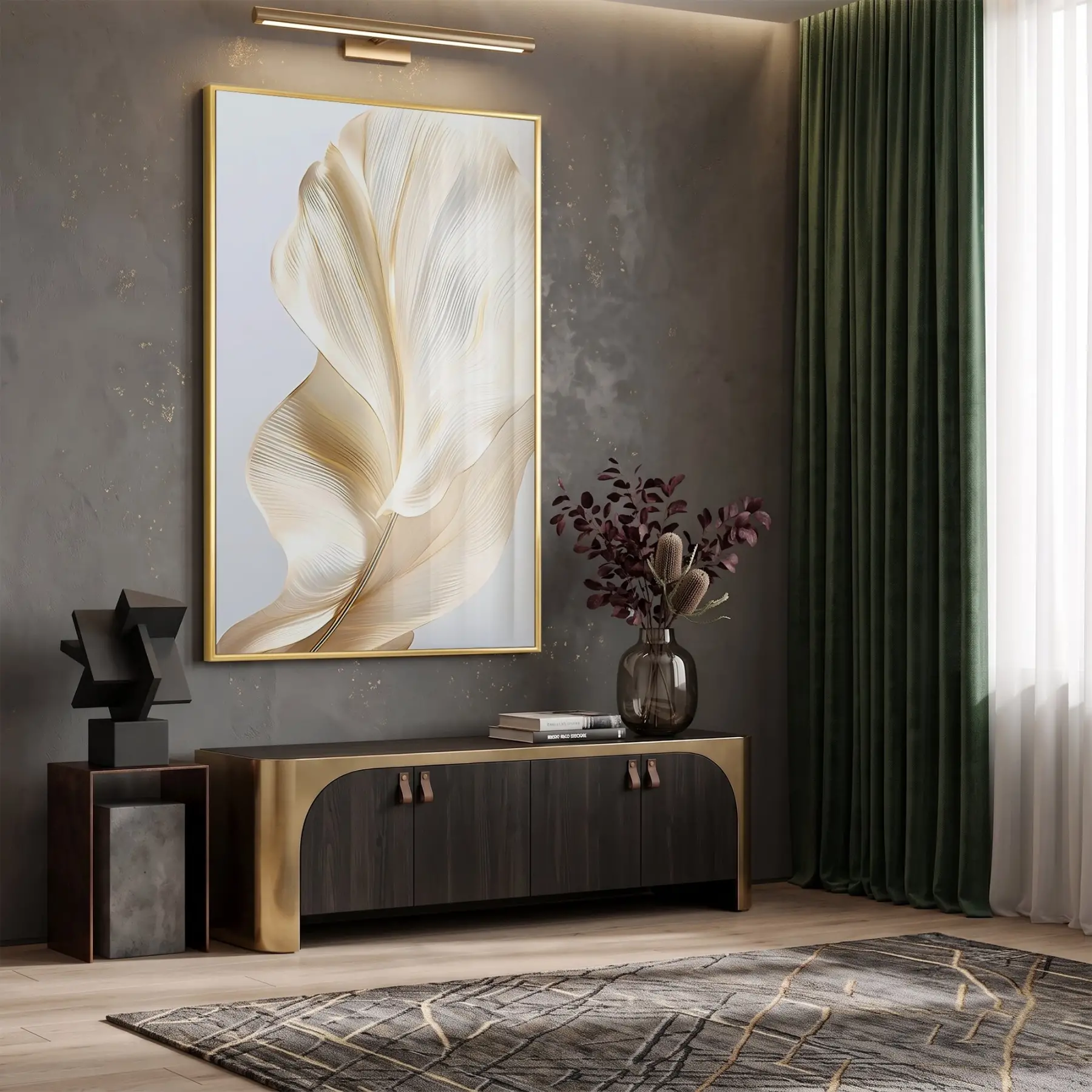 Soyut Yaprak Krem Altın Tonları Tekli Gold Metal Çerçeveli Cam Tablo Poster Dekoratif