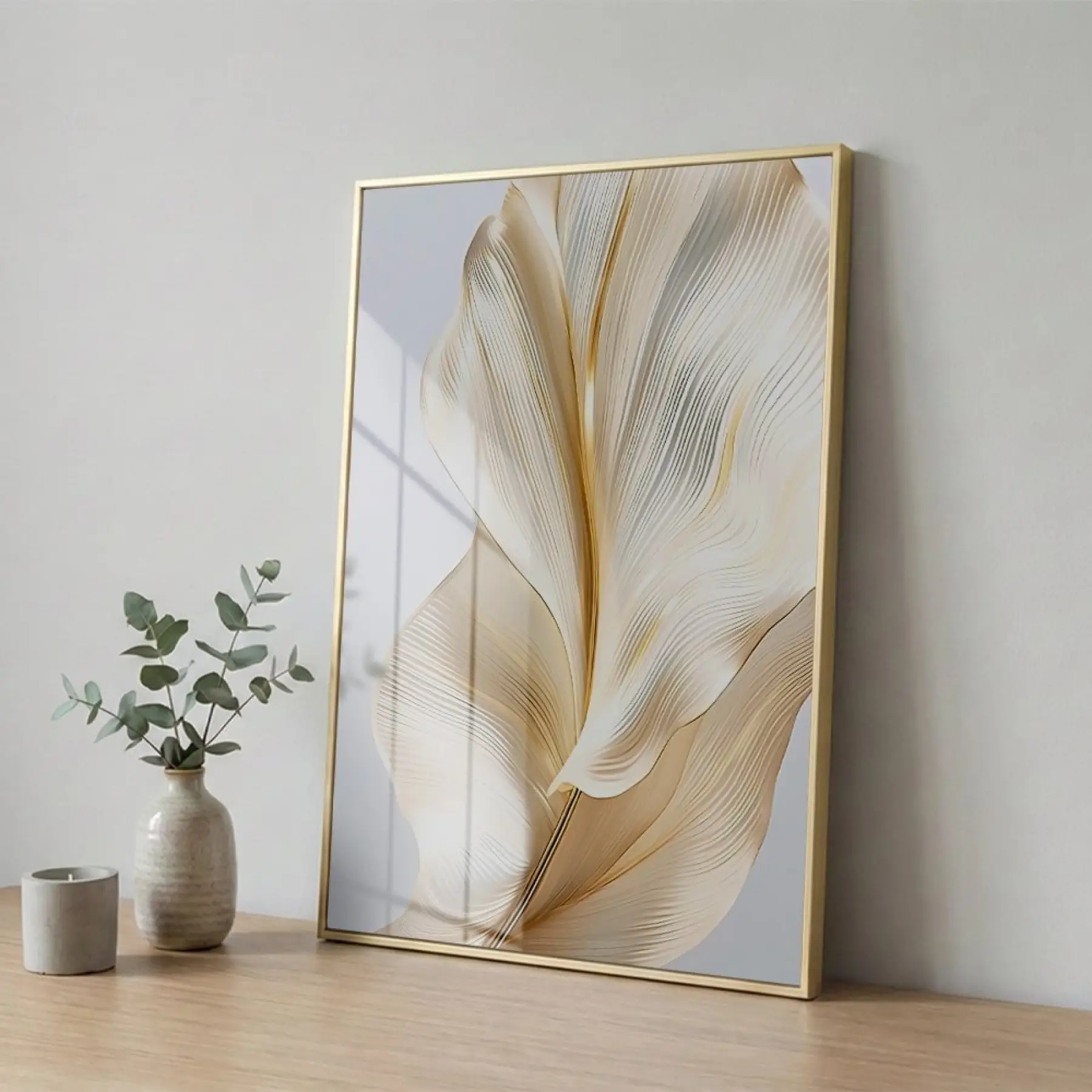 Soyut Yaprak Krem Altın Tonları Tekli Gold Metal Çerçeveli Cam Tablo Poster Dekoratif