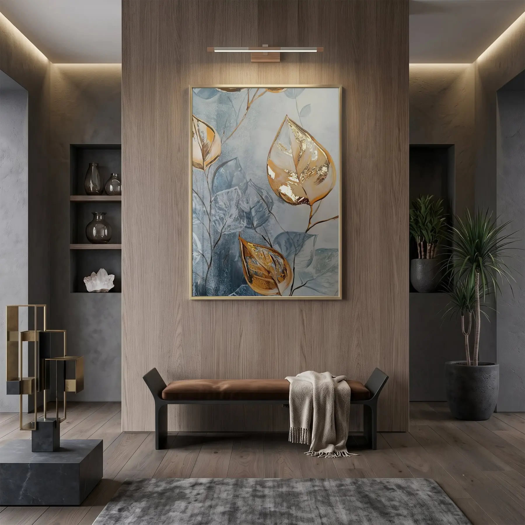Soyut Yaprak Altın Mavi Tonlar Tekli Gold Metal Çerçeveli Cam Tablo Yatak Odası