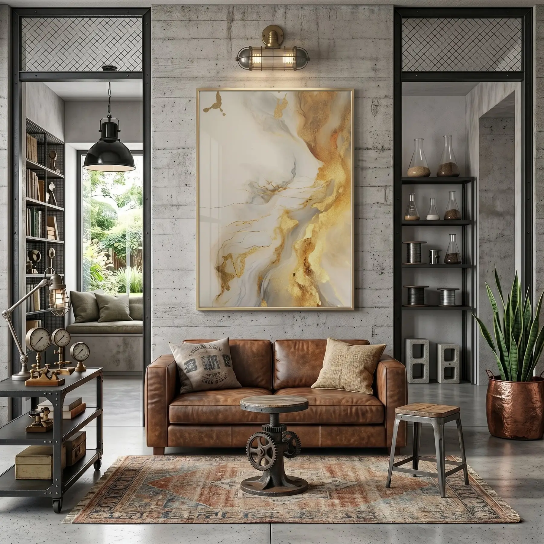 Akışkan Soyut Sıcak Altın Bej Tekli Gold Metal Çerçeveli Cam Tablo Poster Dekoratif