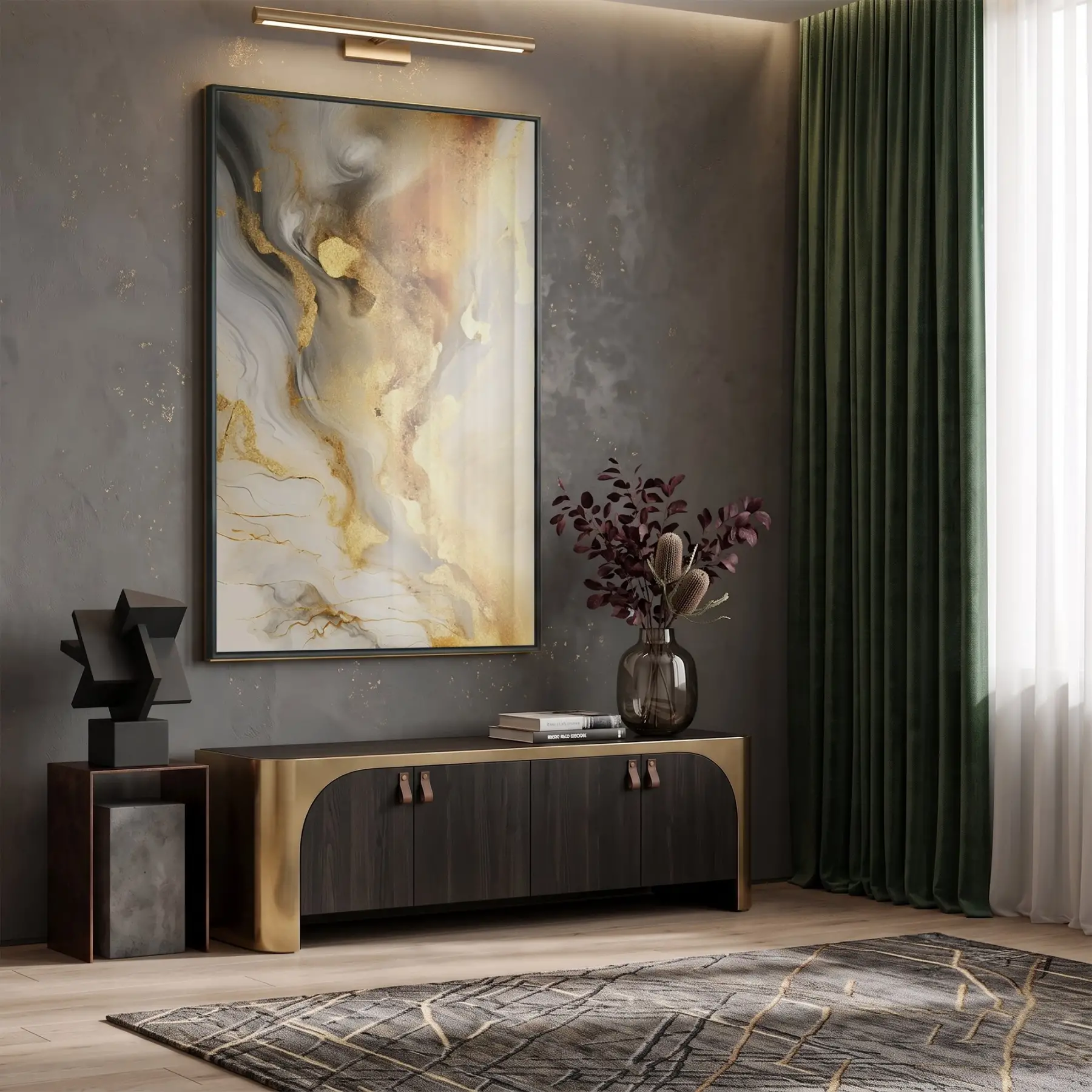 Soyut Akış Altın Gri Tonlar Tekli Siyah Metal Çerçeveli Cam Tablo Duvar Salon