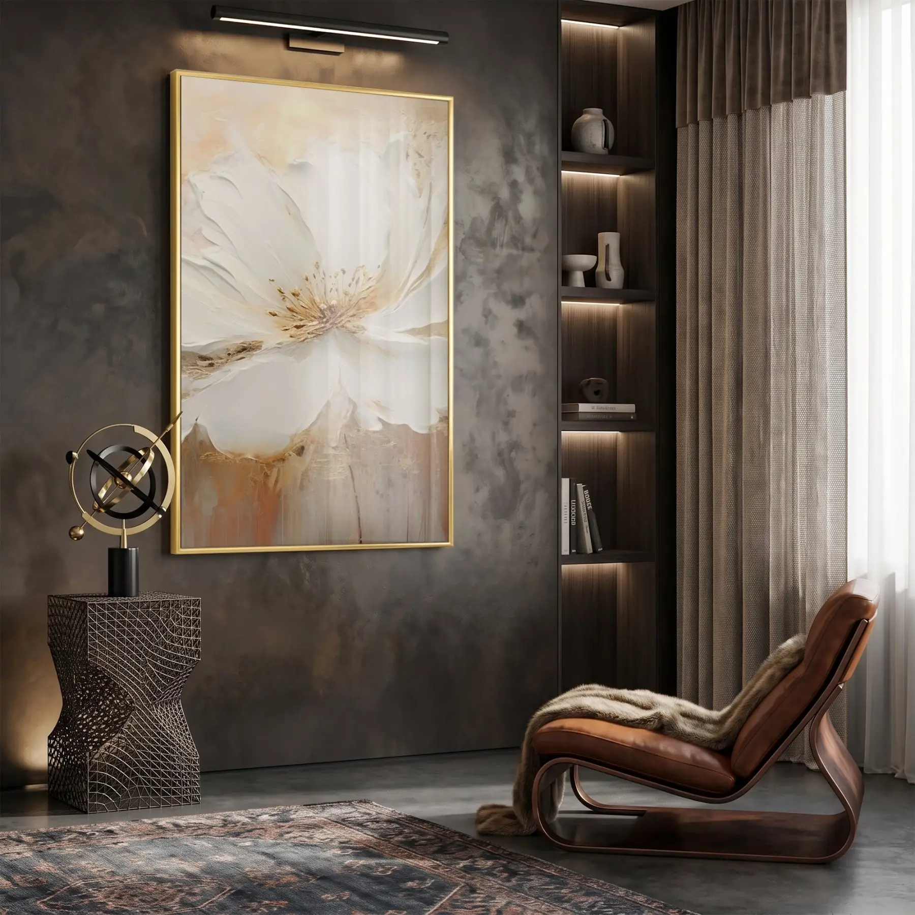 Yumuşak Çiçek Krem Altın Tonları Tekli Gold Metal Çerçeveli Cam Tablo Poster Dekoratif