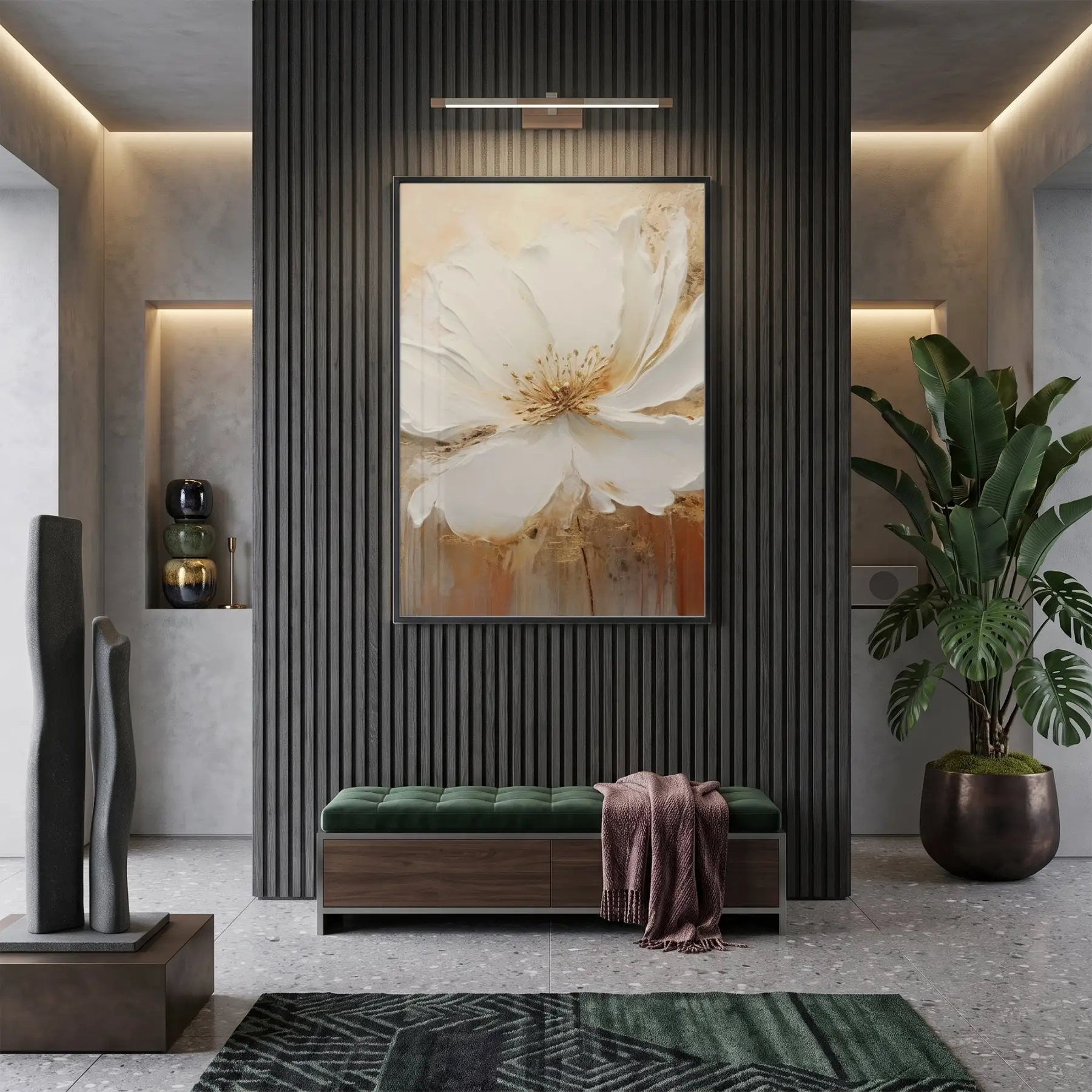 Yumuşak Çiçek Krem Altın Tonları Tekli Siyah Metal Çerçeveli Cam Tablo Poster Dekoratif