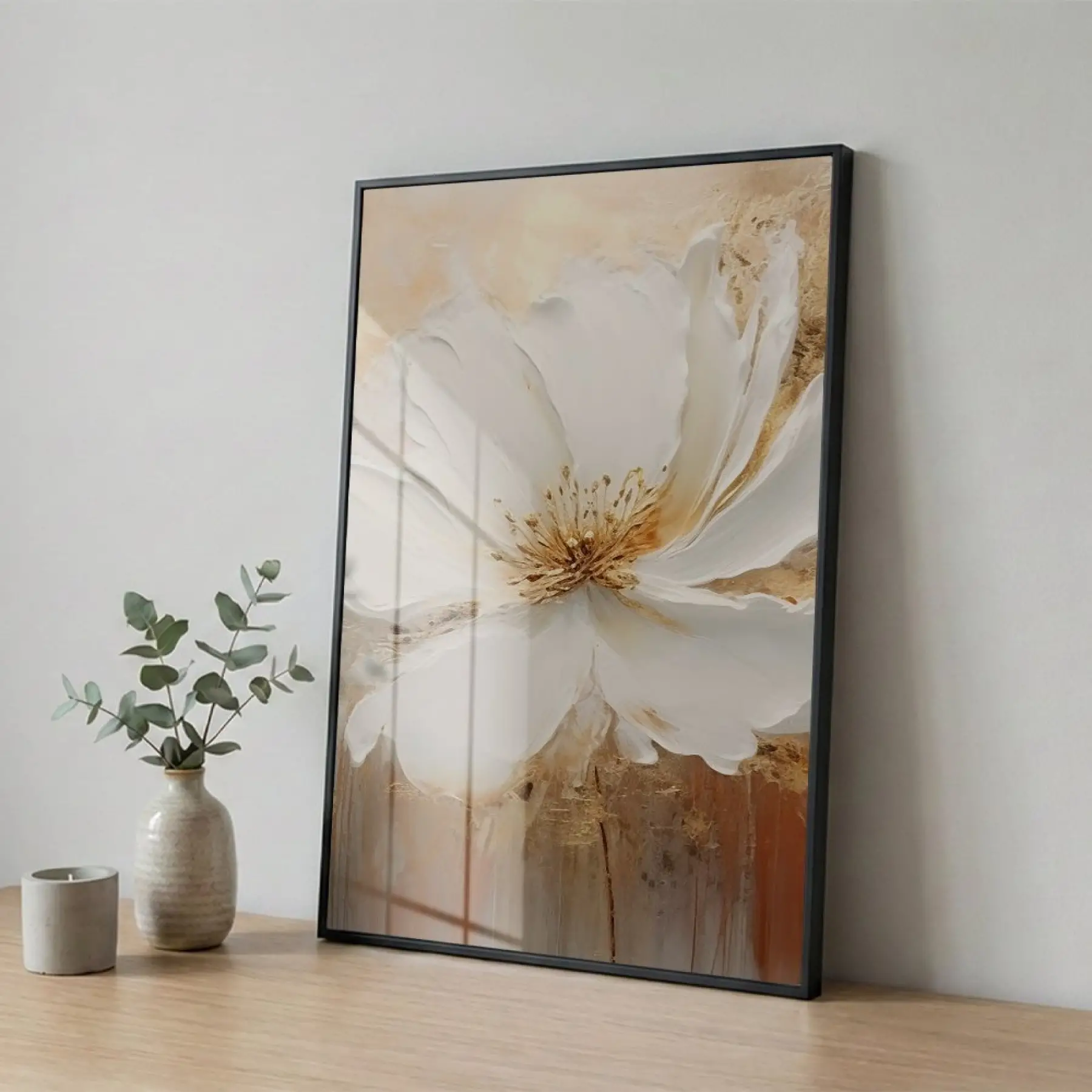 Yumuşak Çiçek Krem Altın Tonları Tekli Siyah Metal Çerçeveli Cam Tablo Poster Dekoratif