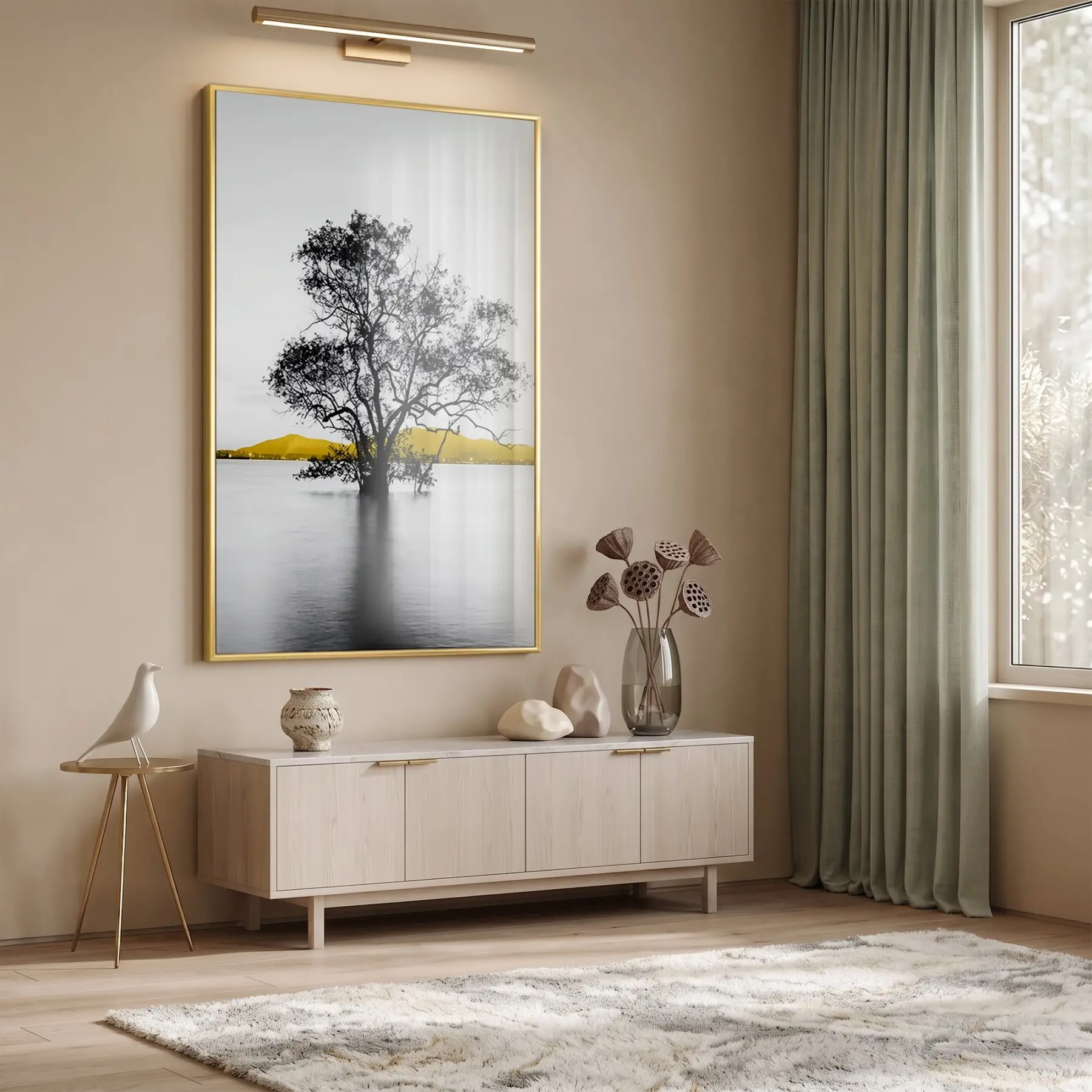 Suda Ağaç Monokrom Sarı Vurgu Tekli Gold Metal Çerçeveli Cam Tablo Poster Dekoratif