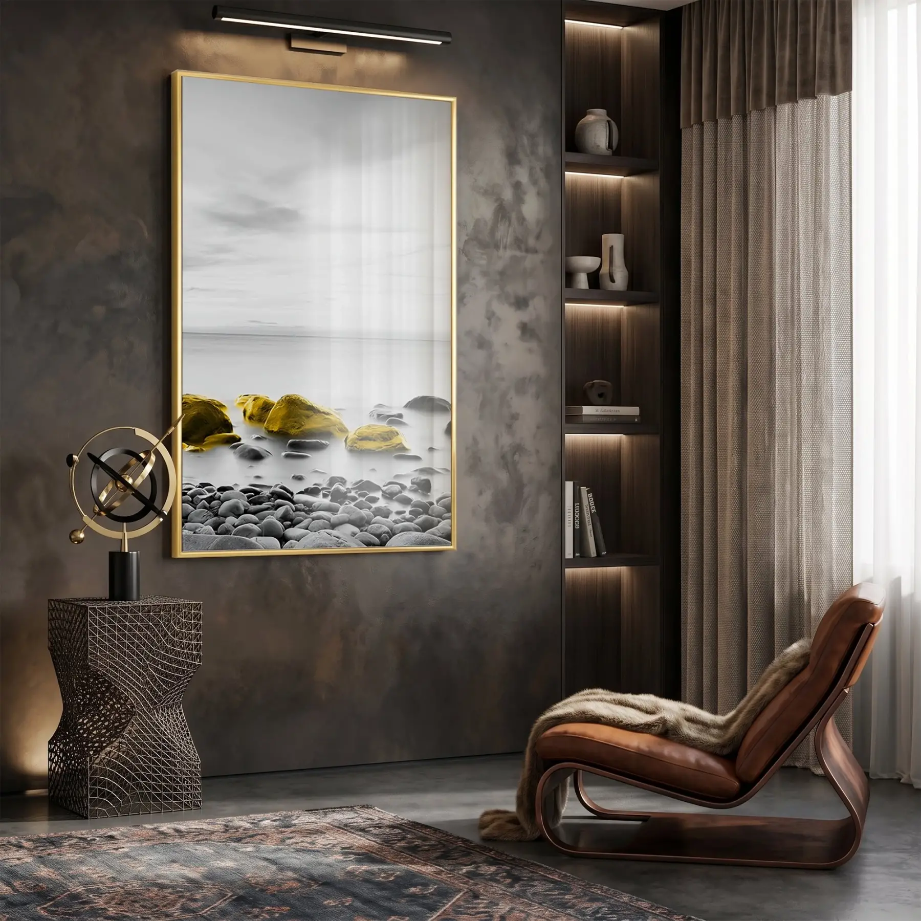 Kıyı Taşları Sarı Vurgulu Gri Tekli Gold Metal Çerçeveli Cam Tablo Poster Dekoratif