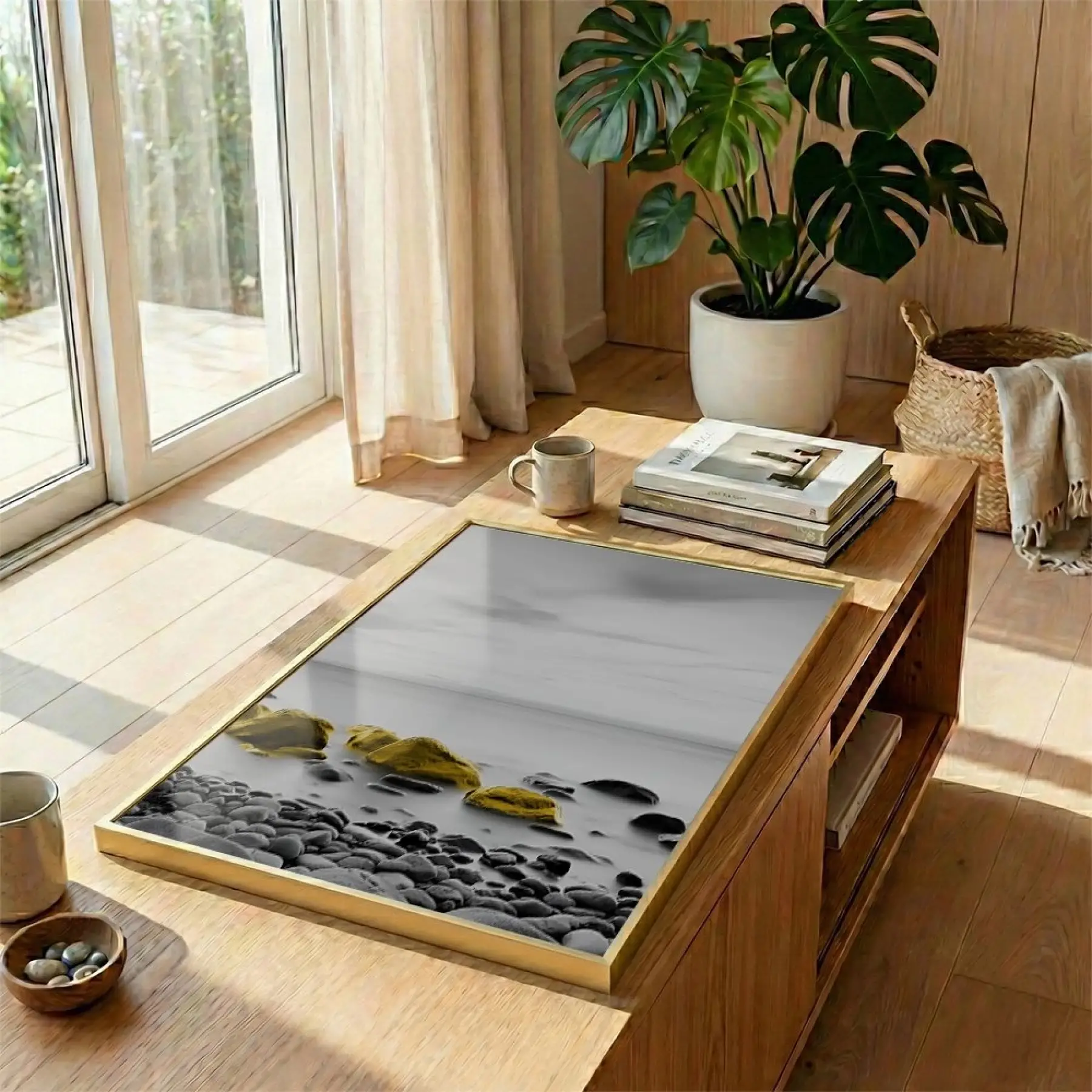 Kıyı Taşları Sarı Vurgulu Gri Tekli Gold Metal Çerçeveli Cam Tablo Poster Dekoratif