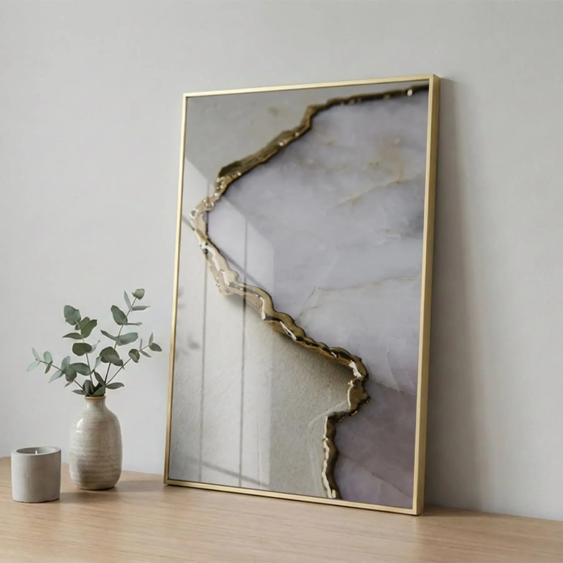 Soyut Mermer Bej Grisi Altın Tekli Gold Metal Çerçeveli Cam Tablo Poster Dekoratif