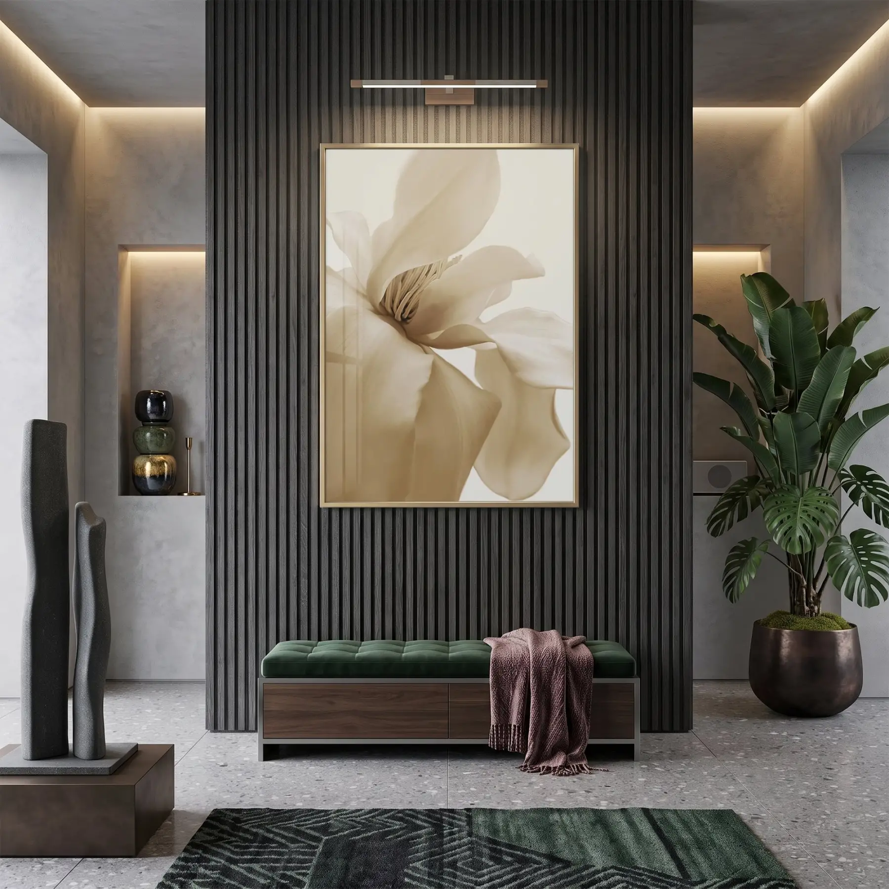 Magnolya Sıcak Bej Tekli Gold Metal Çerçeveli Cam Tablo Poster Dekoratif Obje