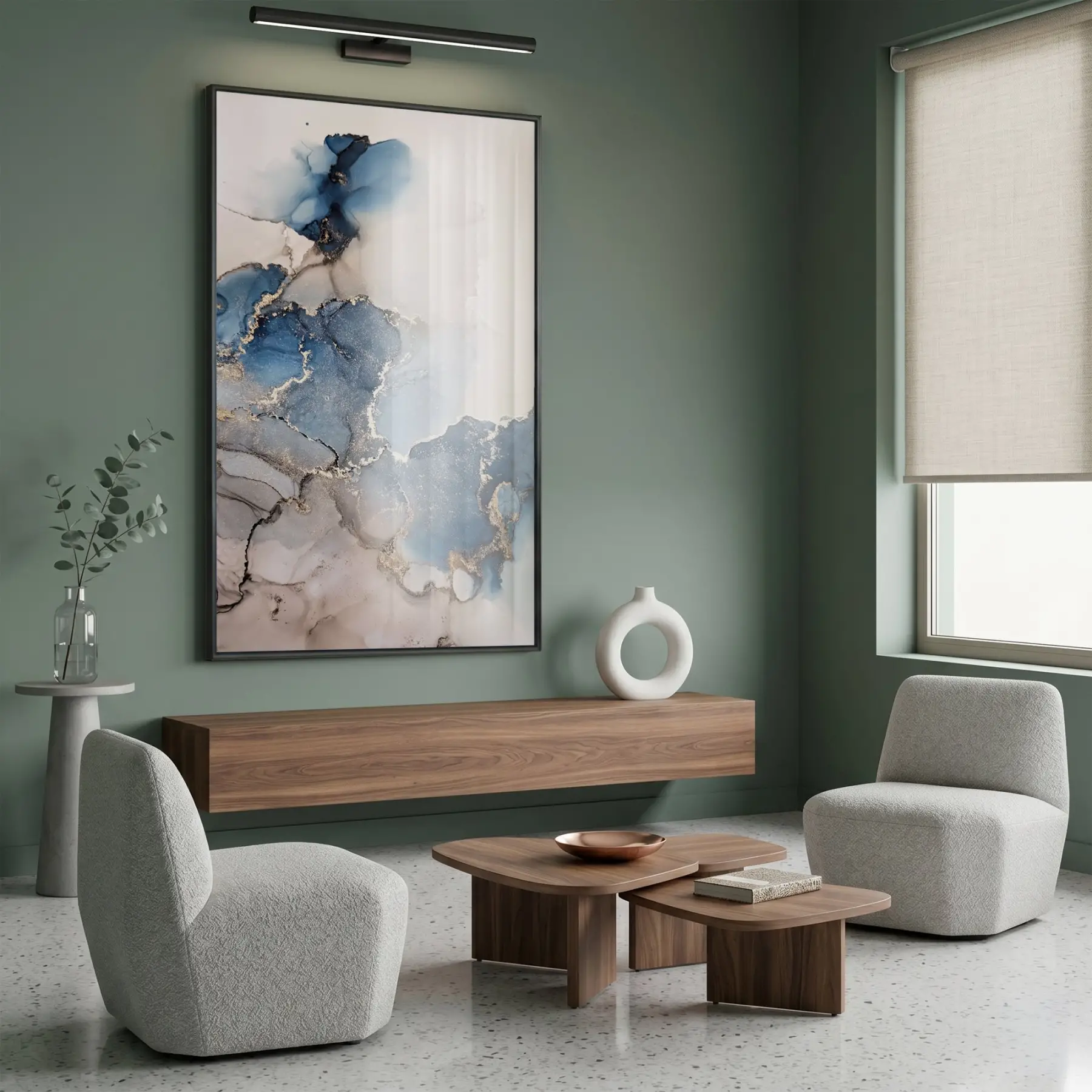 Akışkan Soyut Derin Mavi Tonlar Tekli Siyah Metal Çerçeveli Cam Tablo Poster Dekoratif