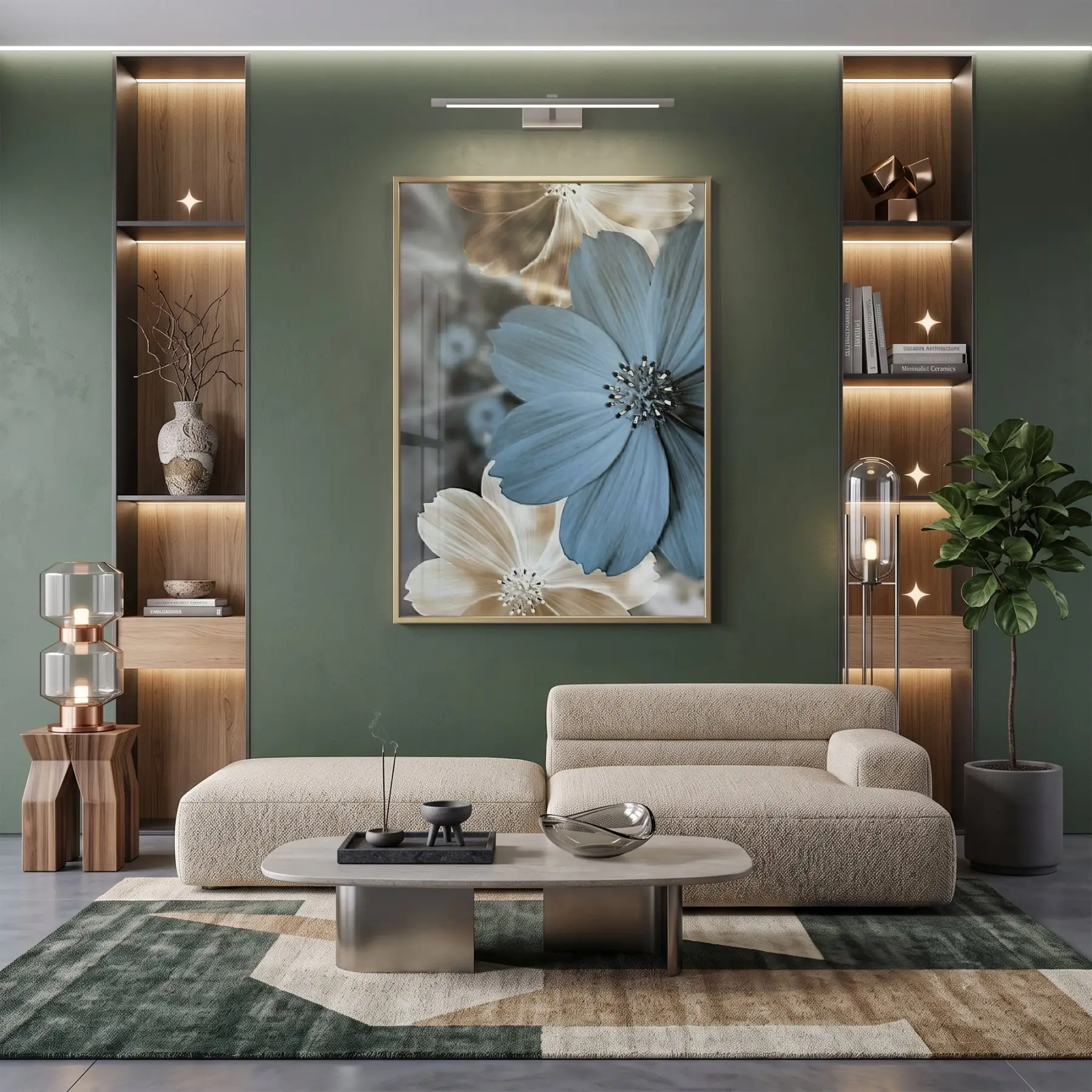 Yakın Çiçek Buz Mavisi Bej Tekli Gold Metal Çerçeveli Cam Tablo Poster Dekoratif