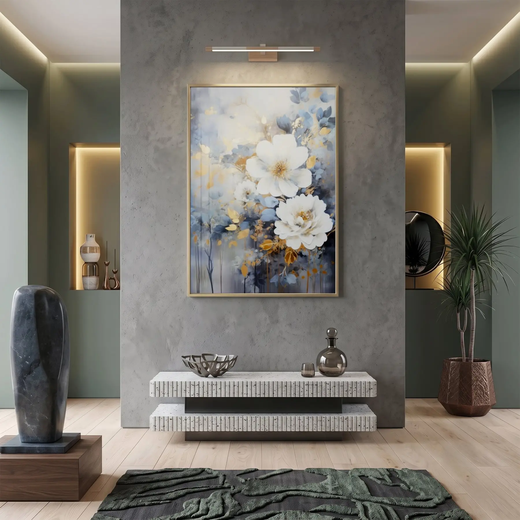 Büyük Çiçek Mavi Altın Tonlar Tekli Gold Metal Çerçeveli Cam Tablo Salon Oturma
