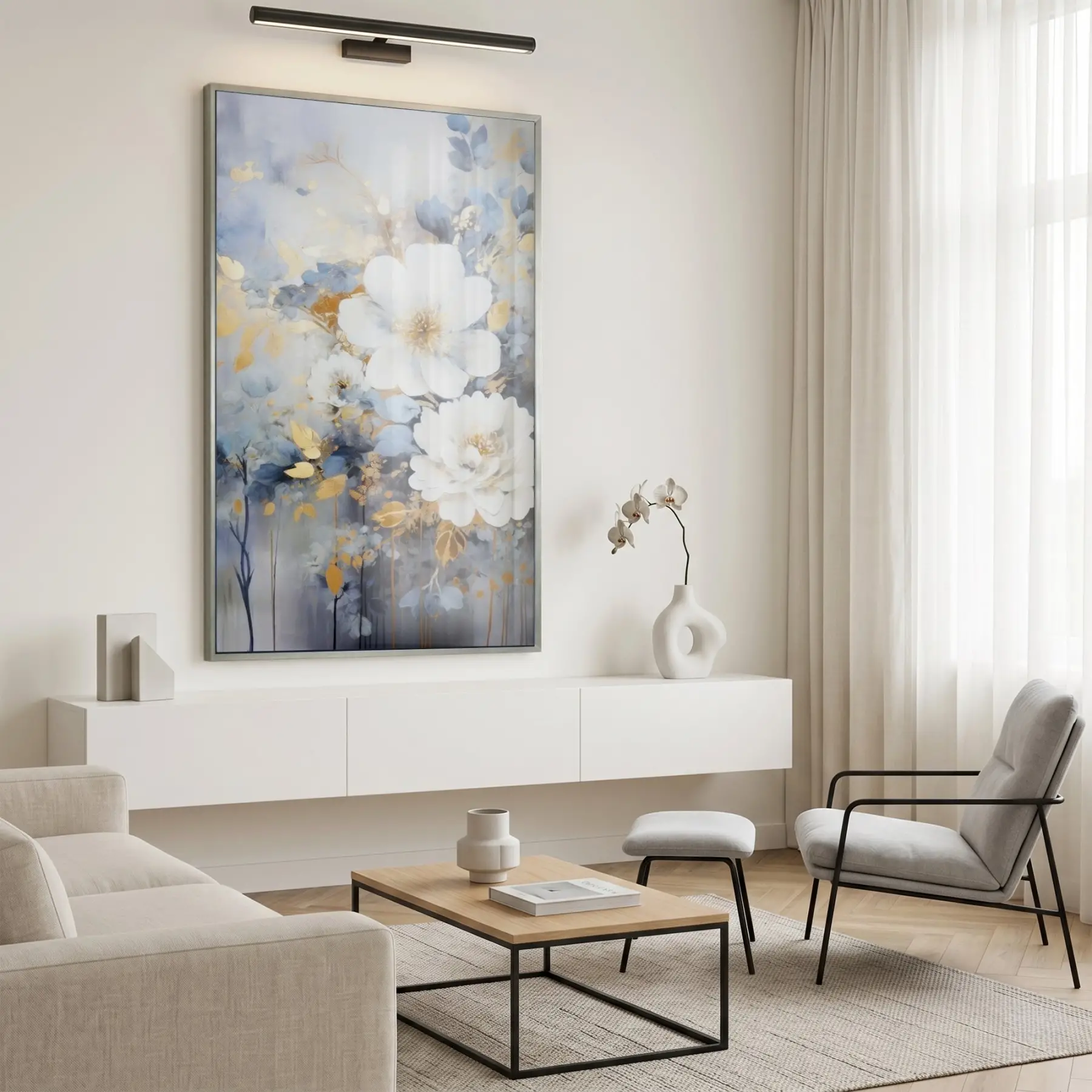 Büyük Çiçek Mavi Altın Tonlar Tekli Gümüş Metal Çerçeveli Cam Tablo Duvar Salon