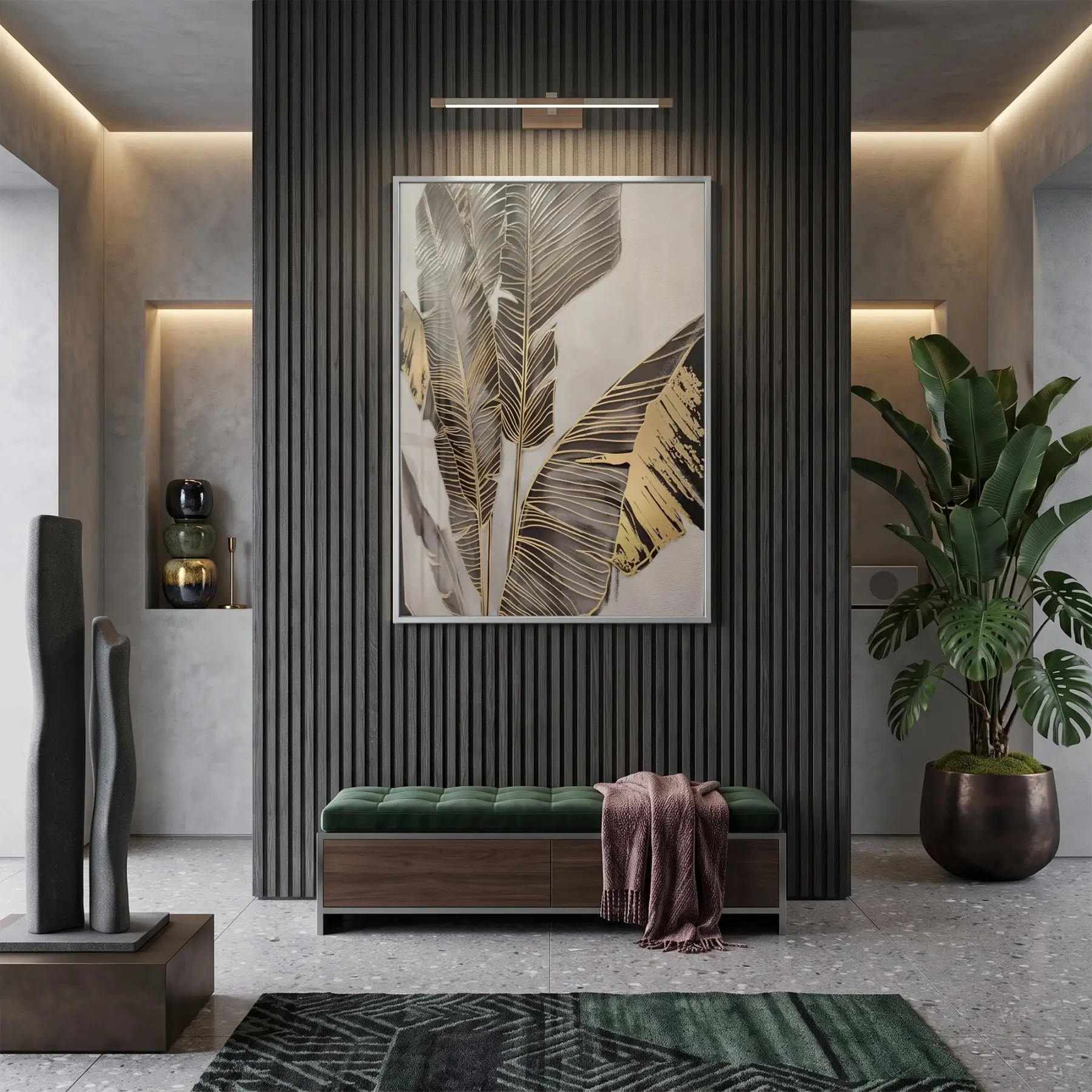 Tropikal Yaprak Altın Tonları Tekli Gümüş Metal Çerçeveli Cam Tablo Duvar Salon Aksesuarları