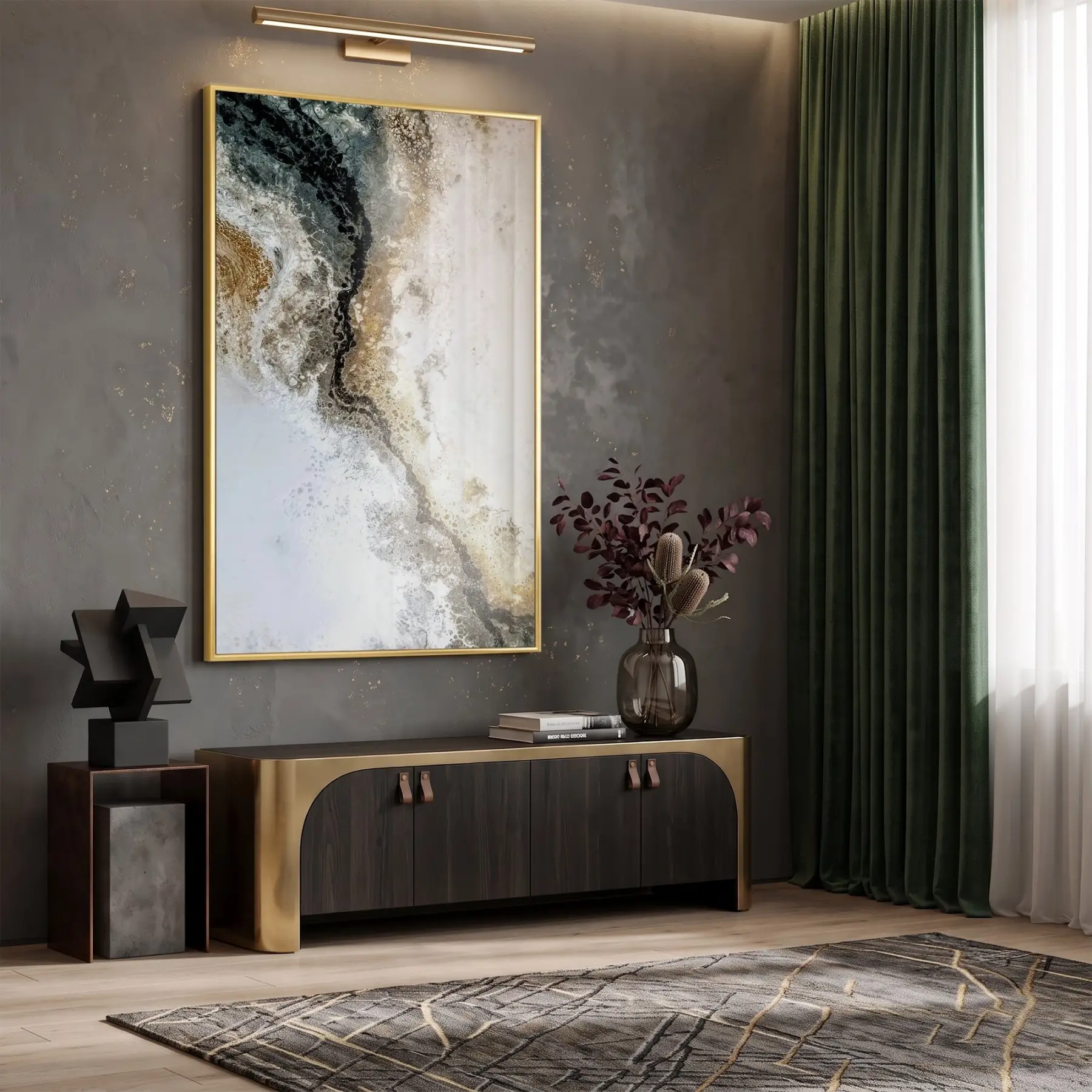 Soyut Akış Toprak Altın Tonları Tekli Gold Metal Çerçeveli Cam Tablo Poster Dekoratif