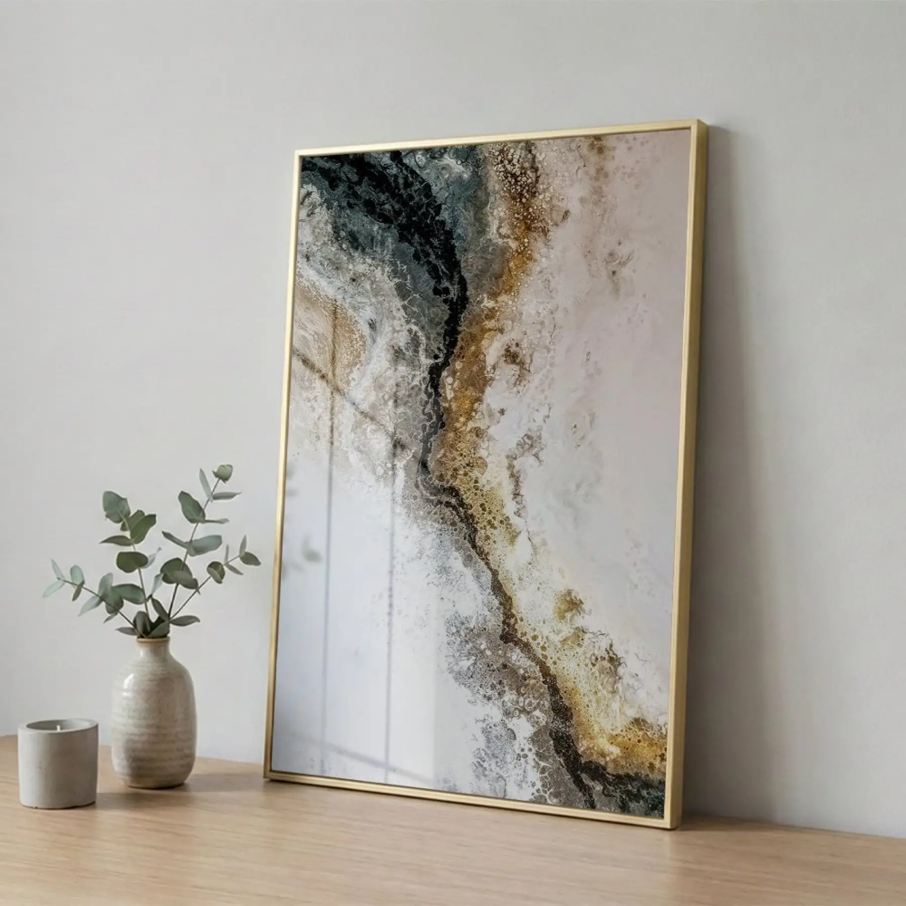 Soyut Akış Toprak Altın Tonları Tekli Gold Metal Çerçeveli Cam Tablo Poster Dekoratif