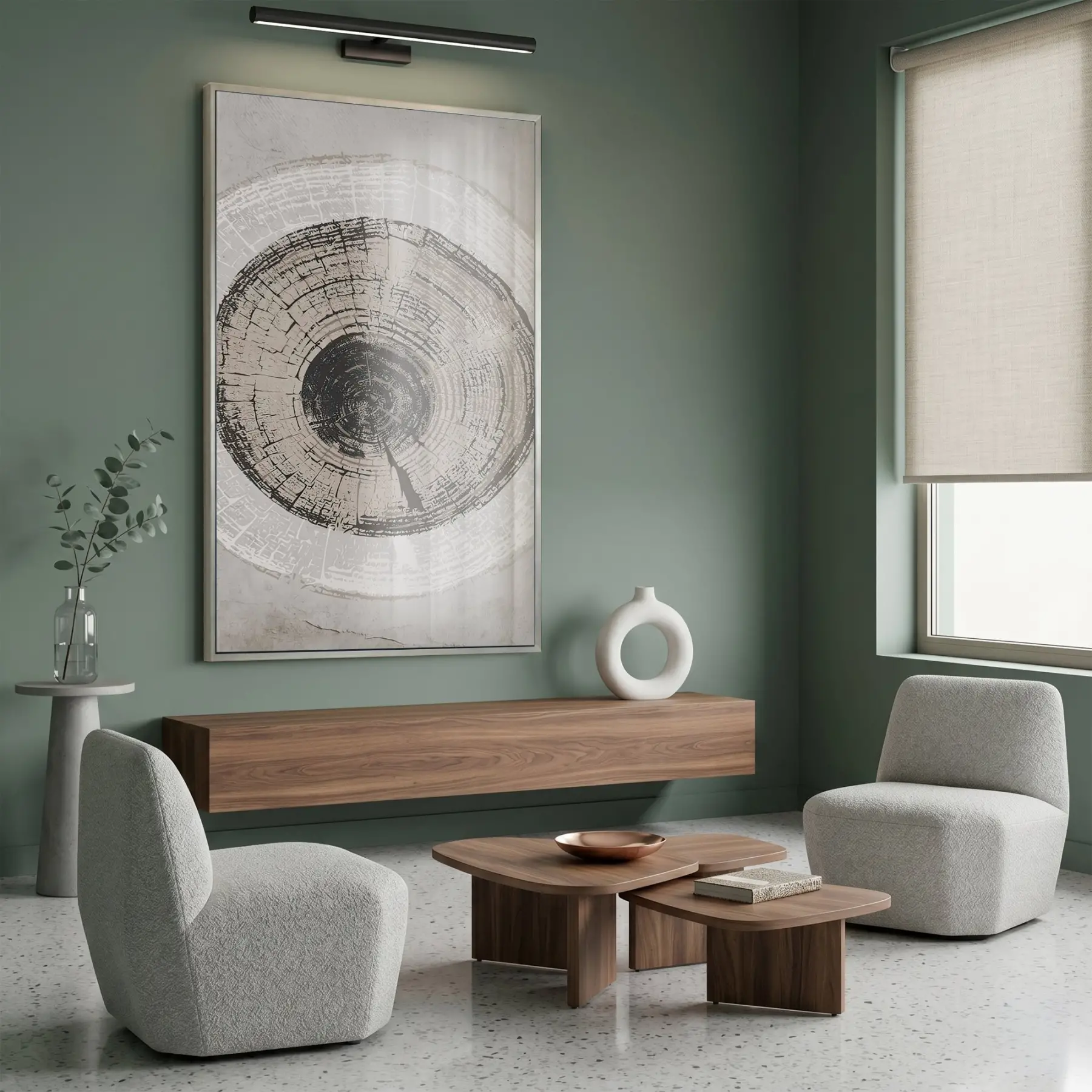 Ağaç Halkaları Nötr Toprak Tonları Tekli Gümüş Metal Çerçeveli Cam Tablo Salon Oturma
