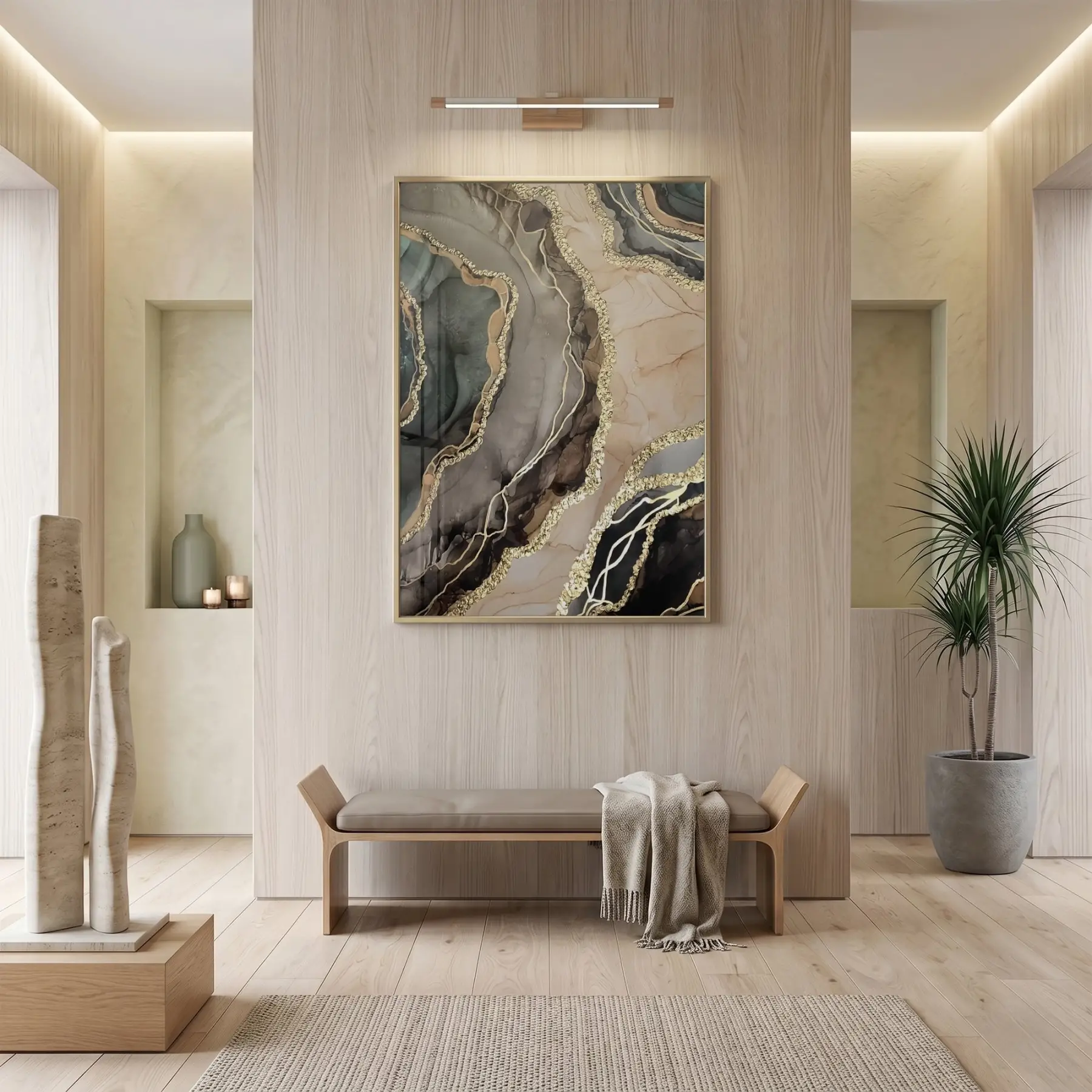 Soyut Akış Nötr Tonlar Altın Tekli Gold Metal Çerçeveli Cam Tablo Duvar Salon