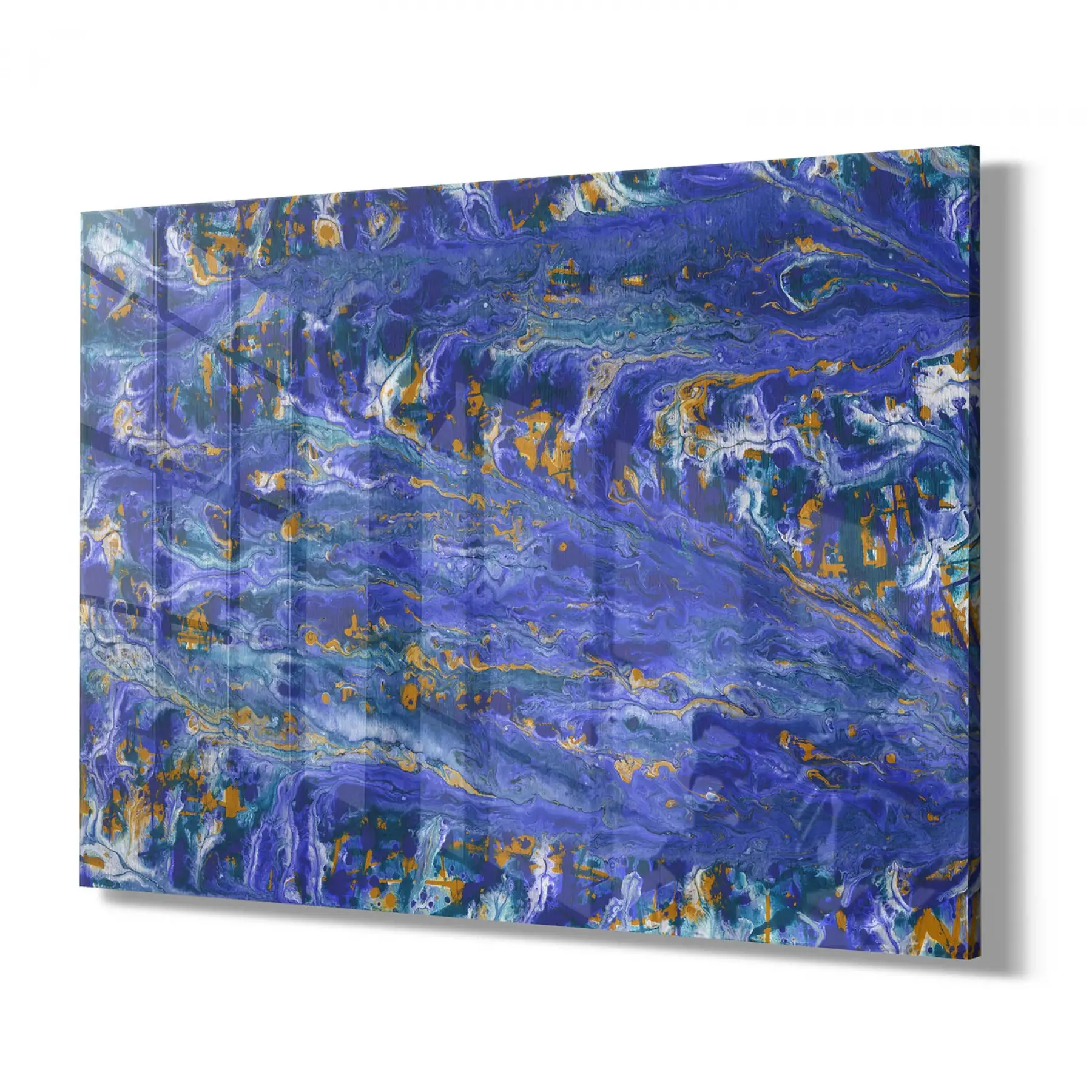 Lacivert Karışık Desenler Tekli Yatay Cam Tablo