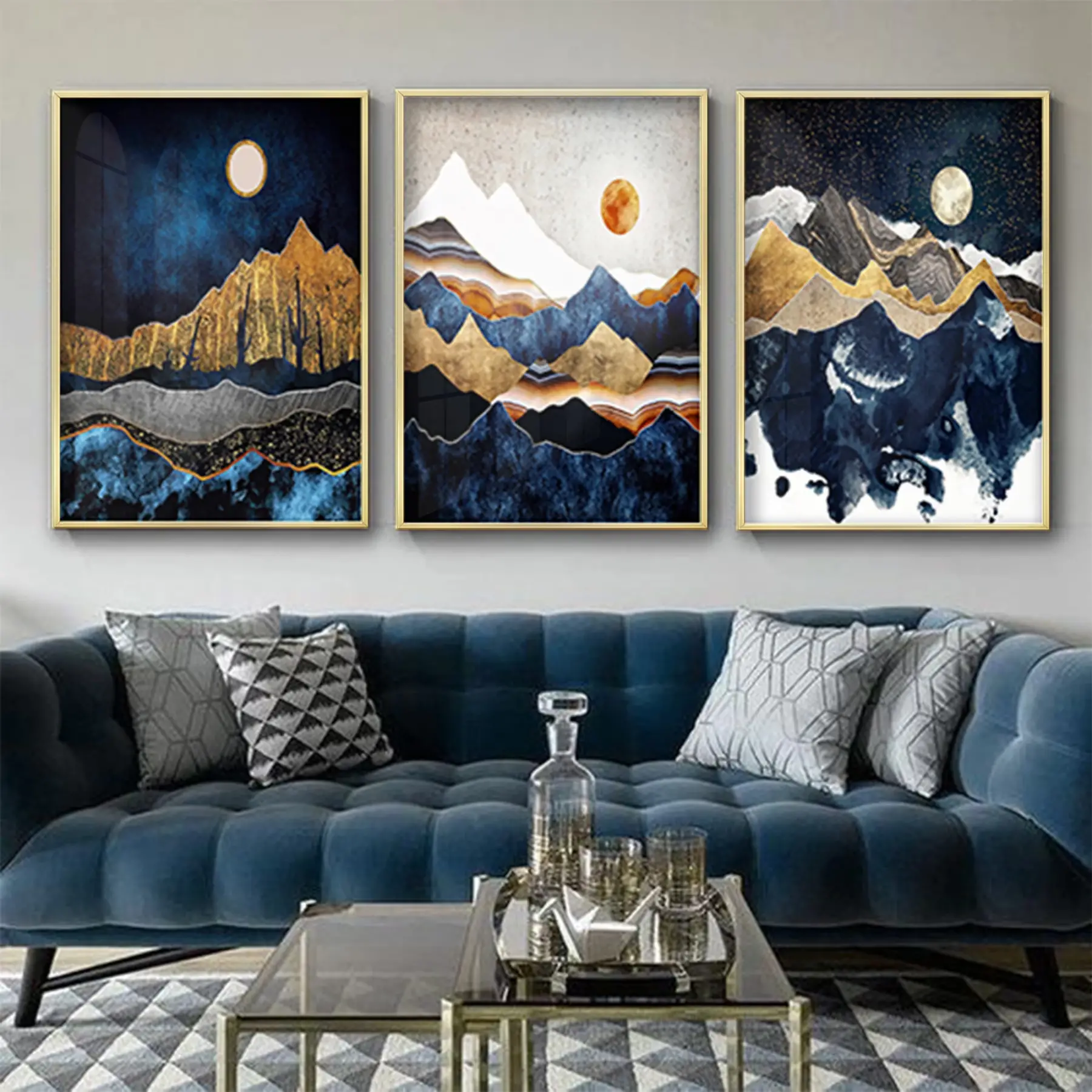 Lacivert Manzara Desenli Metal Çerçeveli Tablo Seti Altın