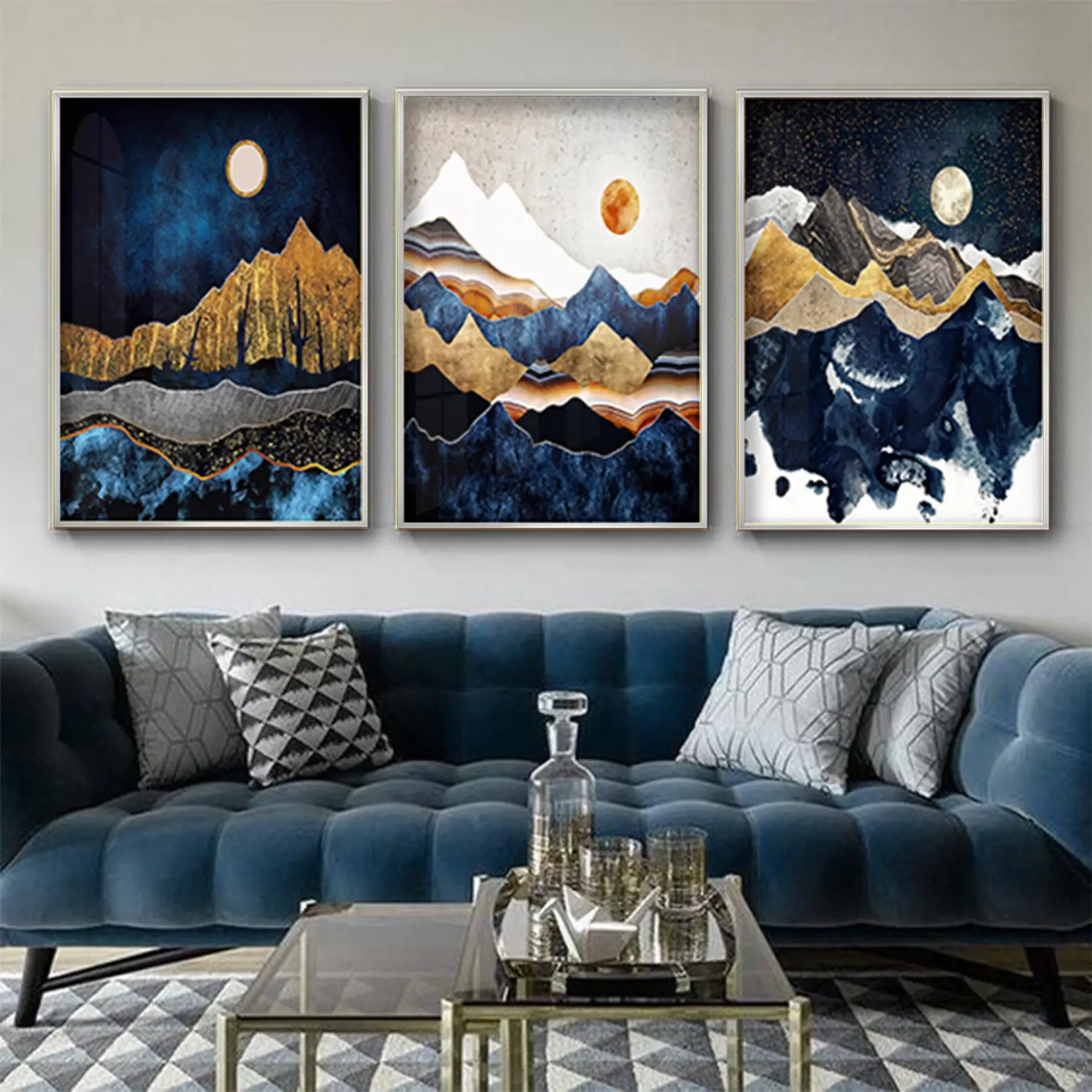 Lacivert Manzara Desenli Metal Çerçeveli Tablo Seti Gümüş