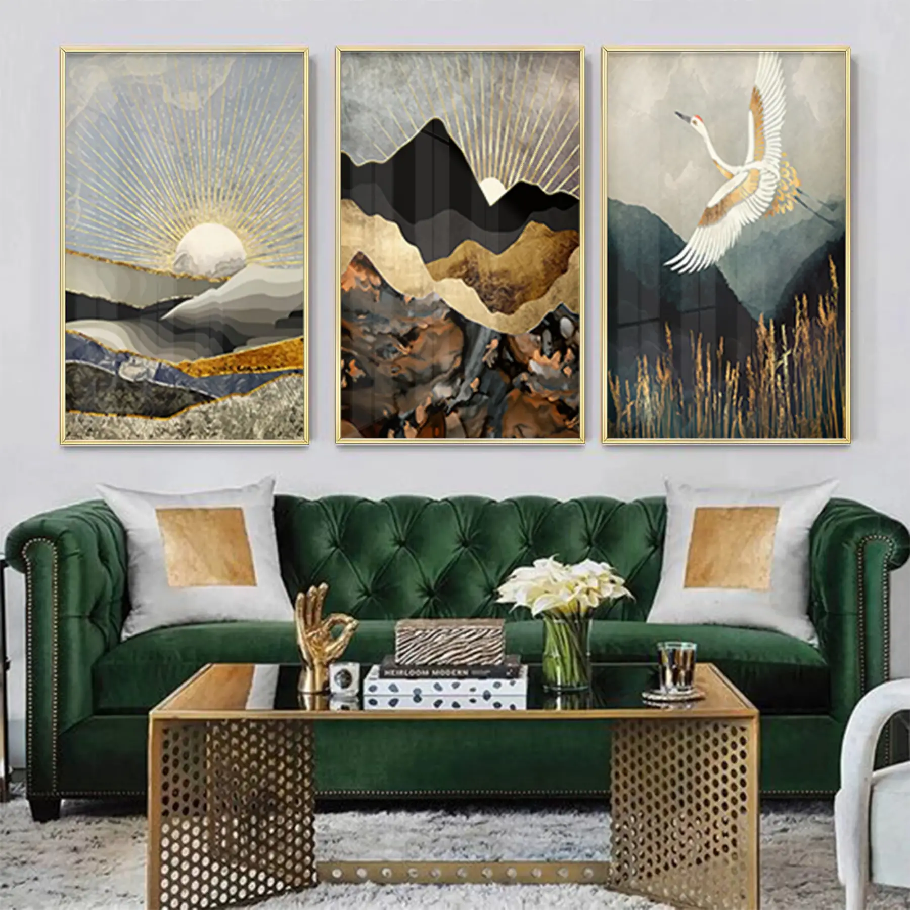 Manzara Detaylı Metal Çerçeveli Tablo Seti Altın