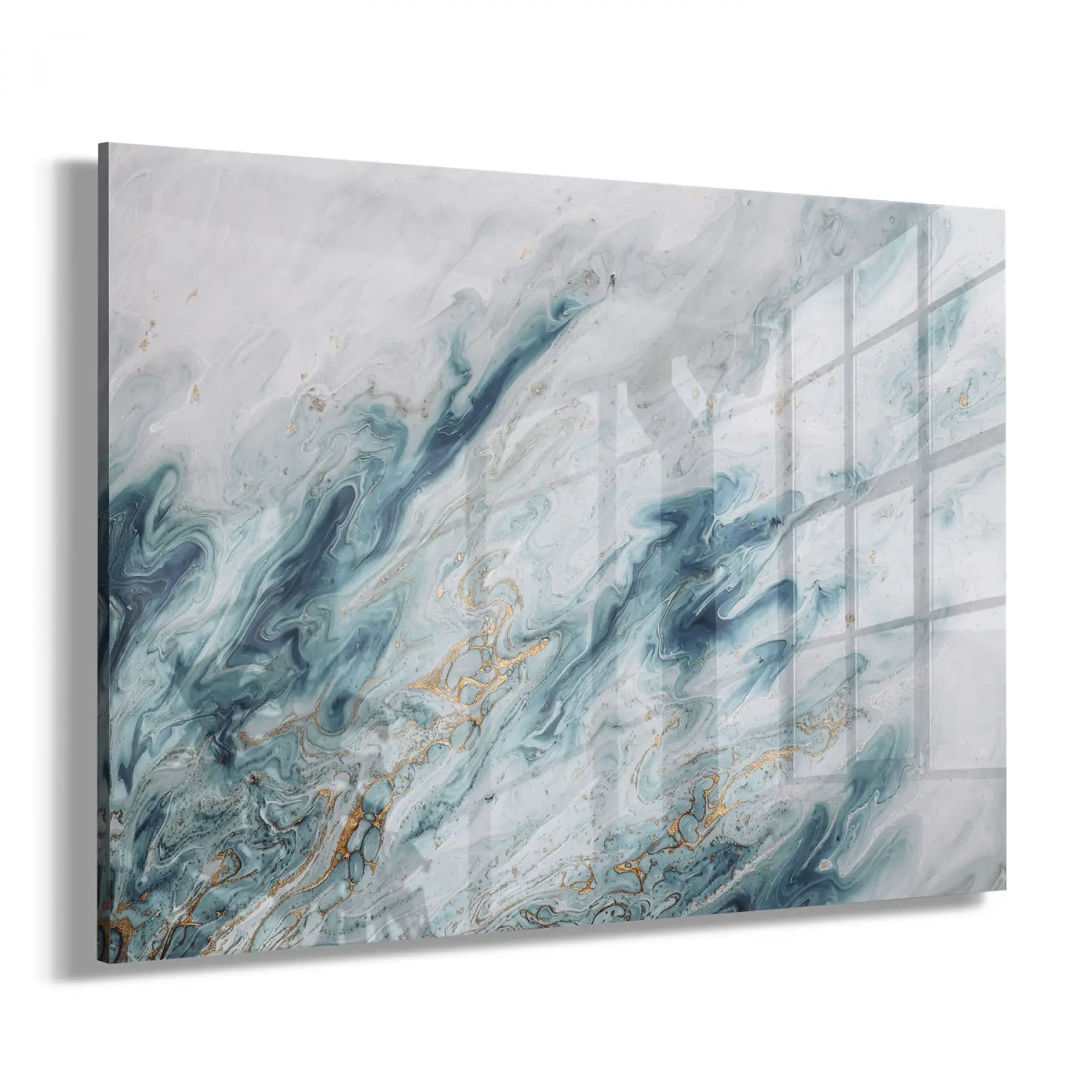 Mavi Beyaz Soyut Desenli Tekli Yatay Cam Tablo