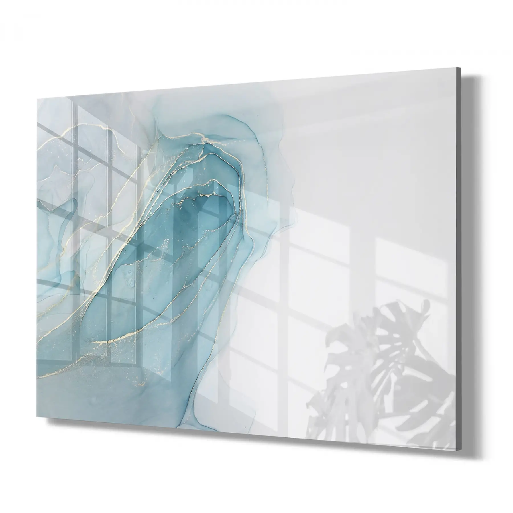 Mavi Beyaz Soyut Desenli Tekli Yatay Cam Tablo