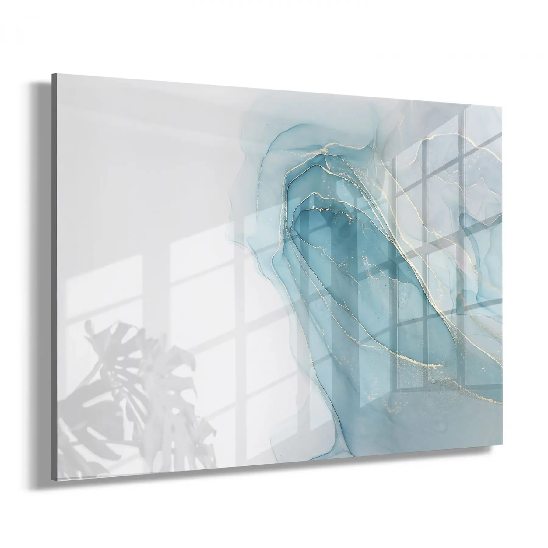 Mavi Beyaz Soyut Desenli Tekli Yatay Cam Tablo