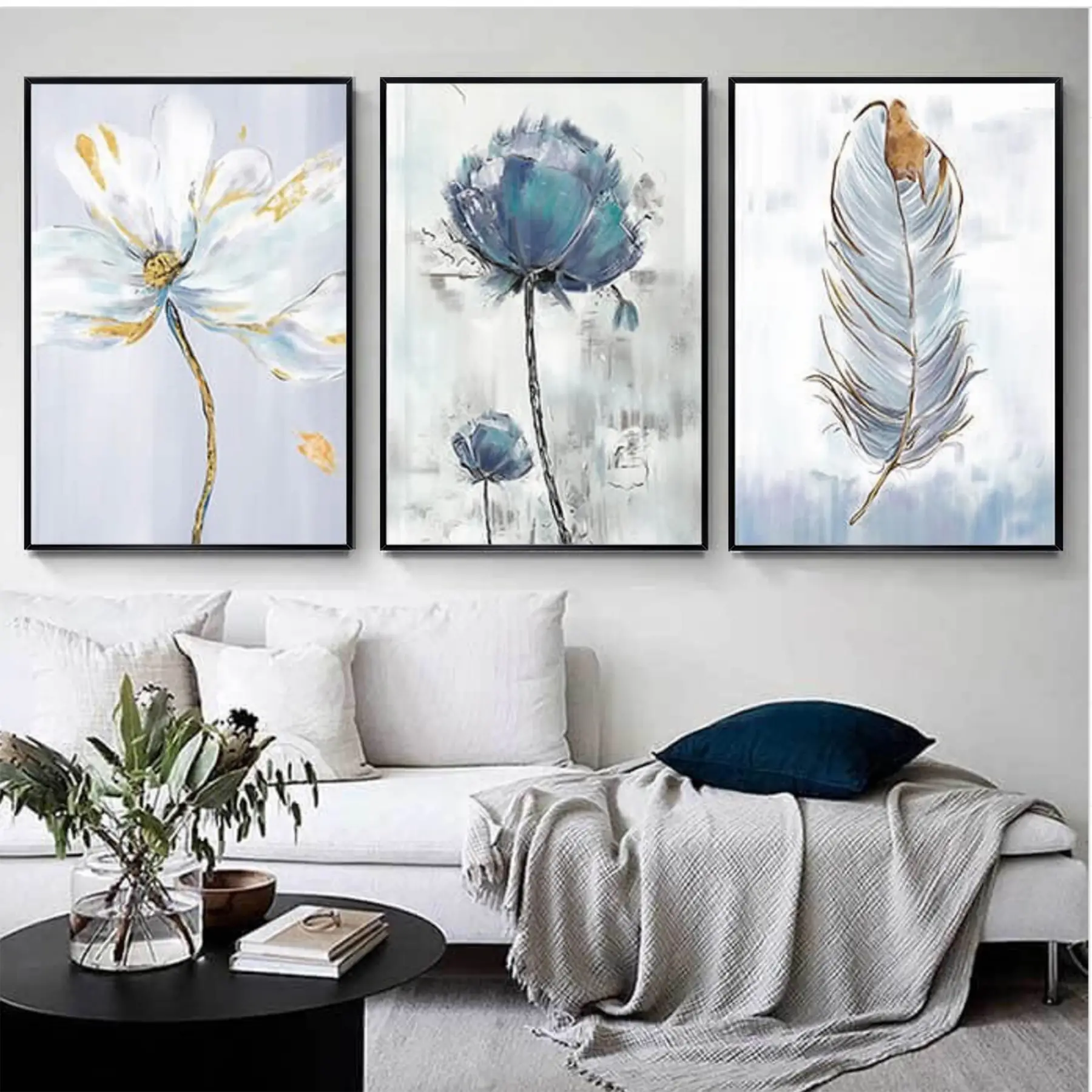 Mavi Çiçekler Siyah Çerçeveli Üçlü Metal Çerçeveli Tablo Seti