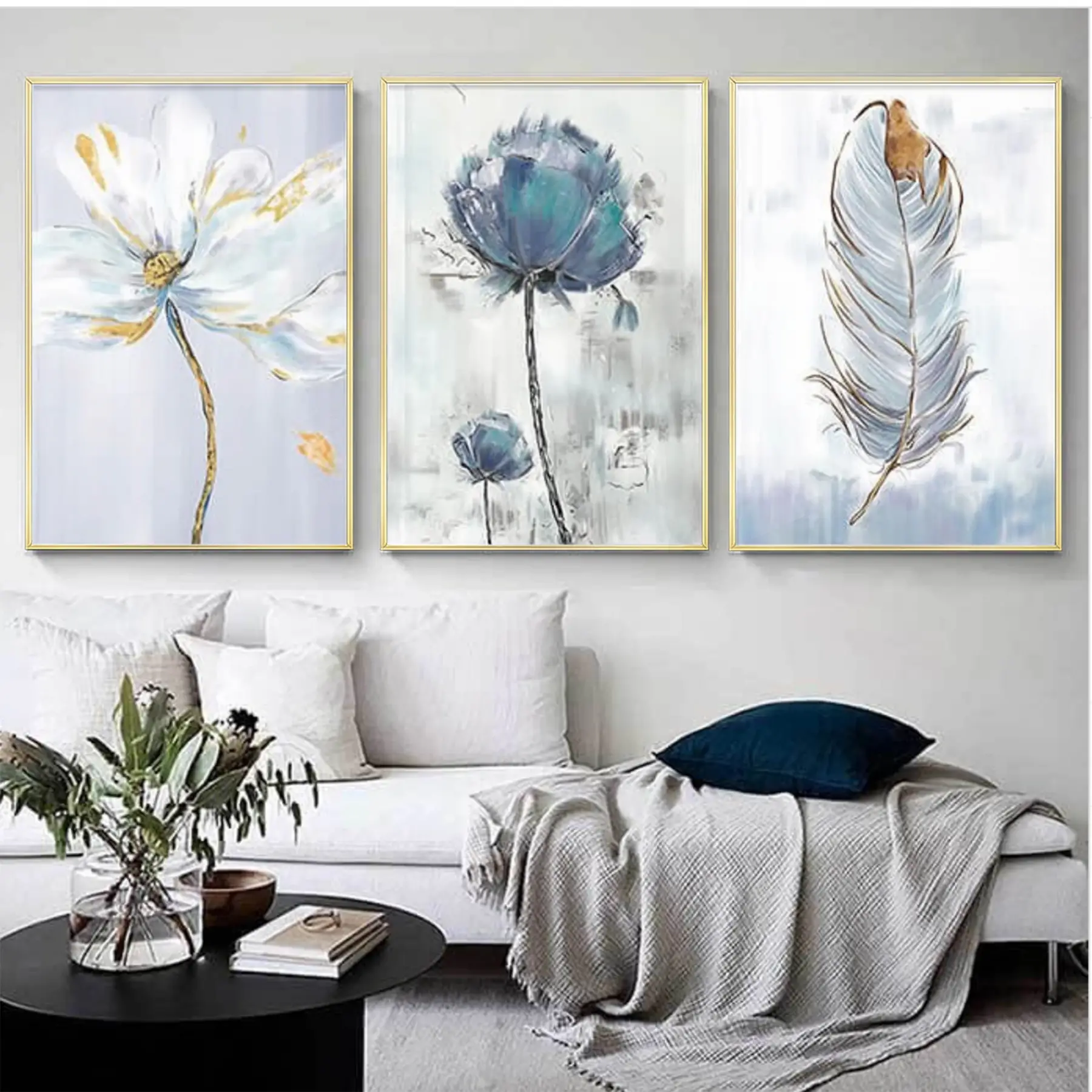 Mavi Çiçekler Gold Çerçeveli Üçlü Metal Çerçeveli Tablo Seti