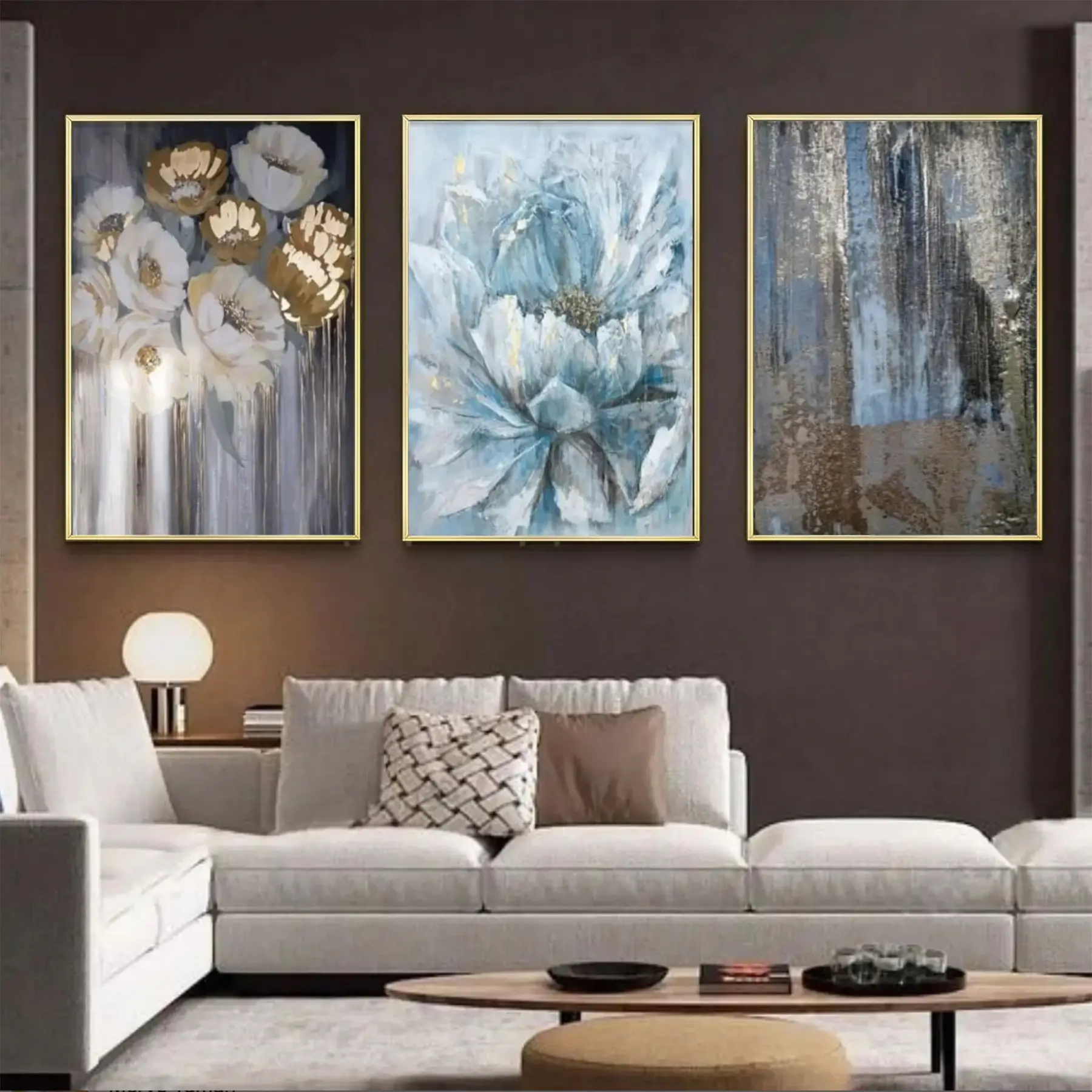 Mavi Gri Desenli Gold Metal Çerçeveli Cam Tablo Seti