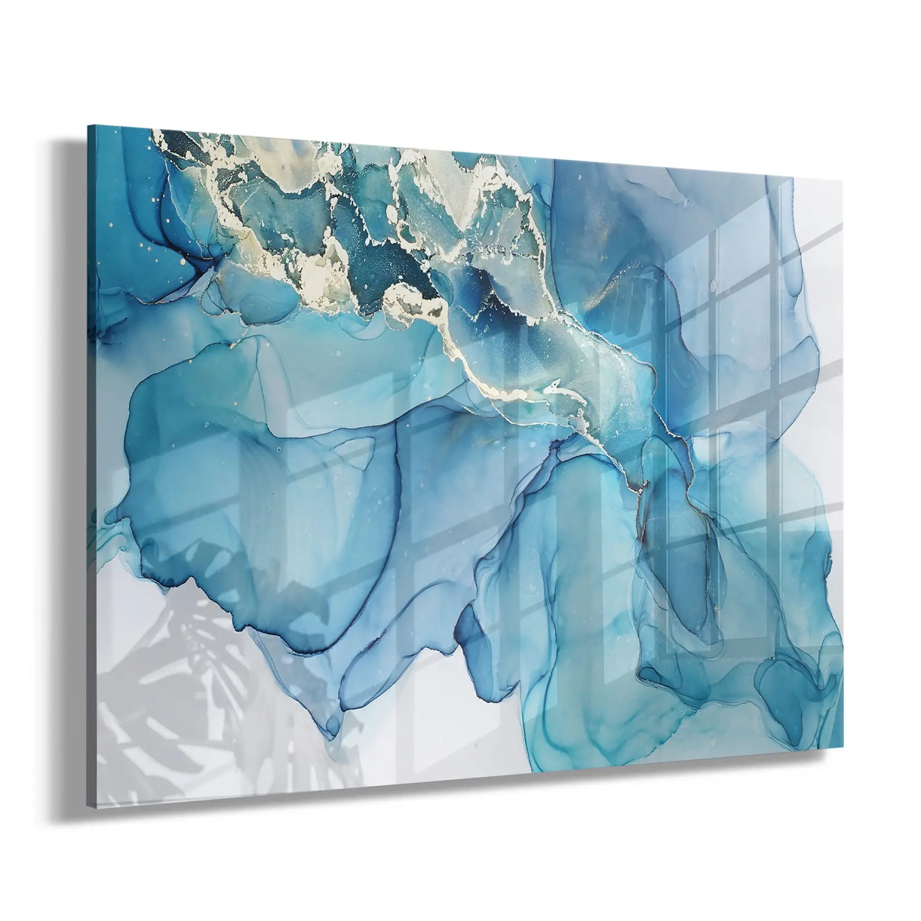 Mavi Mermer Desenli Tekli Yatay Cam Tablo