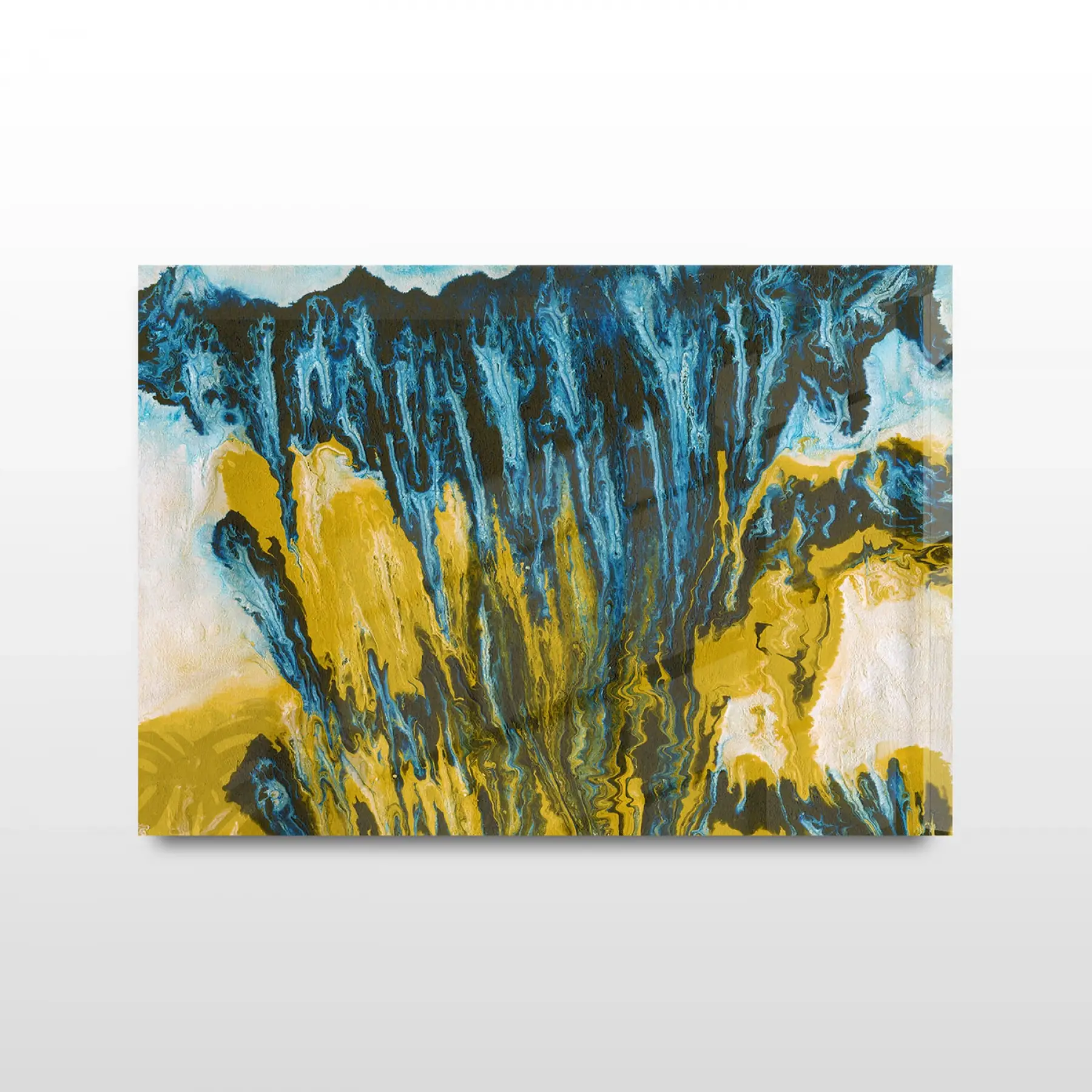 Mavi Sarı Desenli Tekli Yatay Cam Tablo