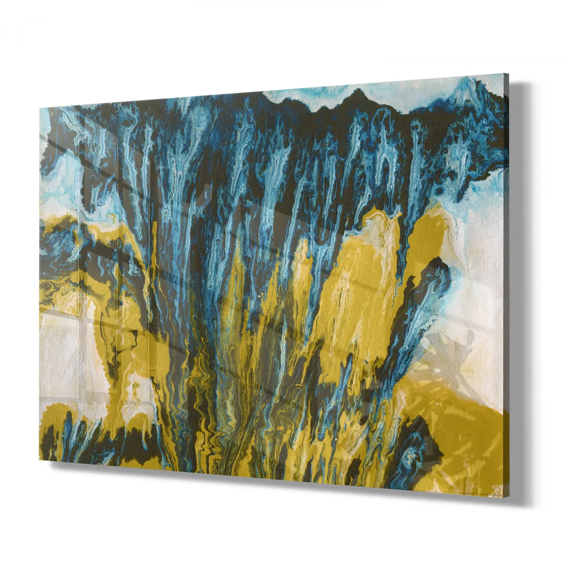 Mavi Sarı Desenli Tekli Yatay Cam Tablo